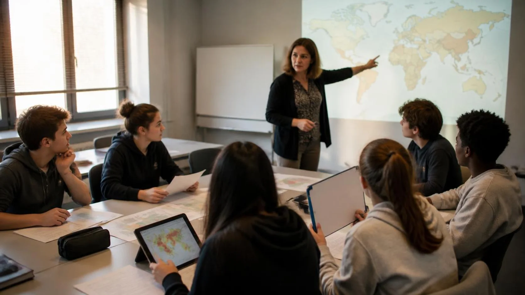 Docente aponta para um mapa projetado enquanto estudantes comparam planilhas de dados em uma sala de aula ao fim da tarde.