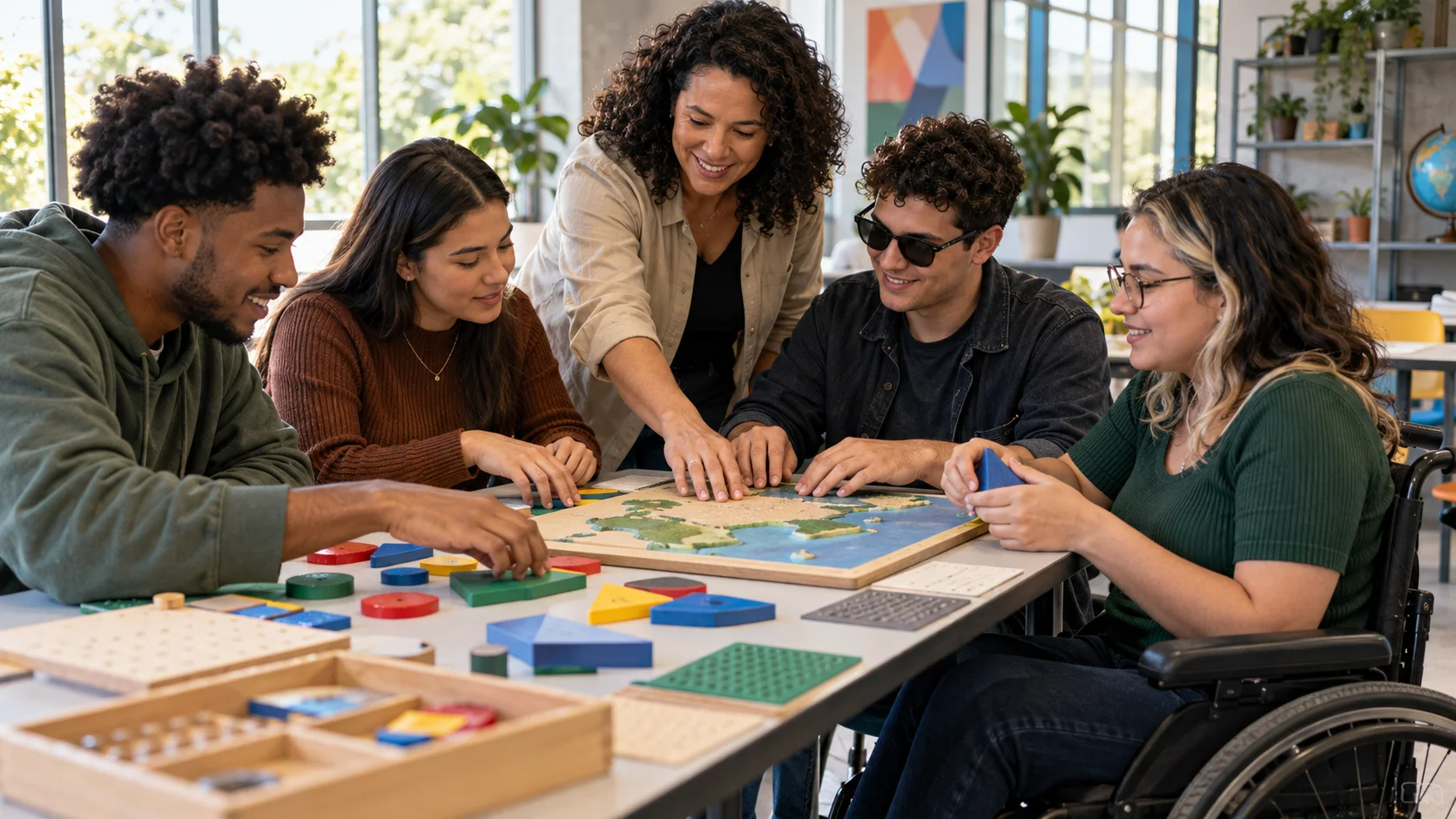 Grupo de estudantes participa de atividade tátil colaborativa com professora em sala de aula acessível.