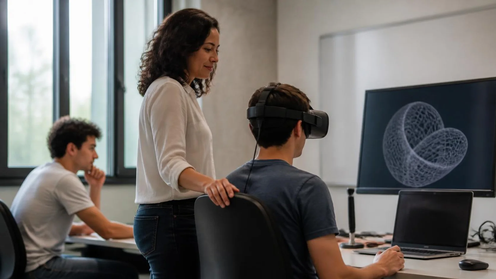 Instrutor(a)(a) acompanha estudante com óculos de realidade virtual em laboratório de simulação, ao lado de colega que observa um monitor.