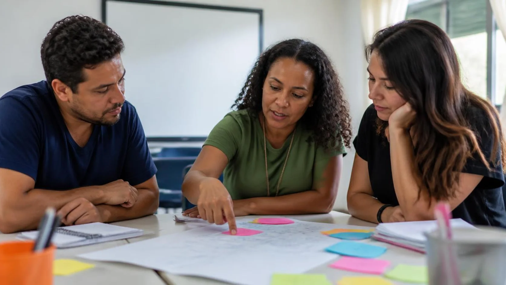 Docentes reunidos em uma sala de planejamento, analisando anotações de aula sobre a mesa