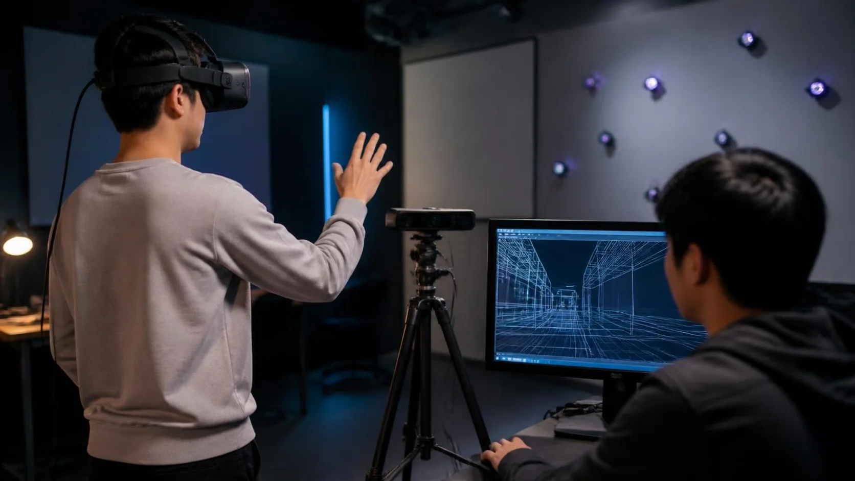 Estudante testa aplicação imersiva com óculos de realidade virtual enquanto colega acompanha a cena no monitor.