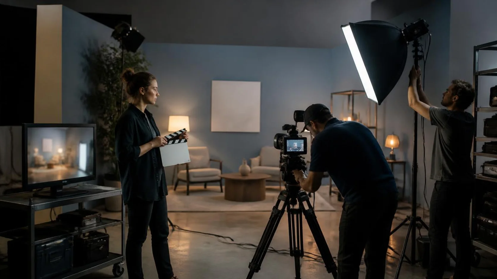 Equipe de produção publicitária ajusta câmera e iluminação em um pequeno estúdio, com a produtora segurando a claquete.