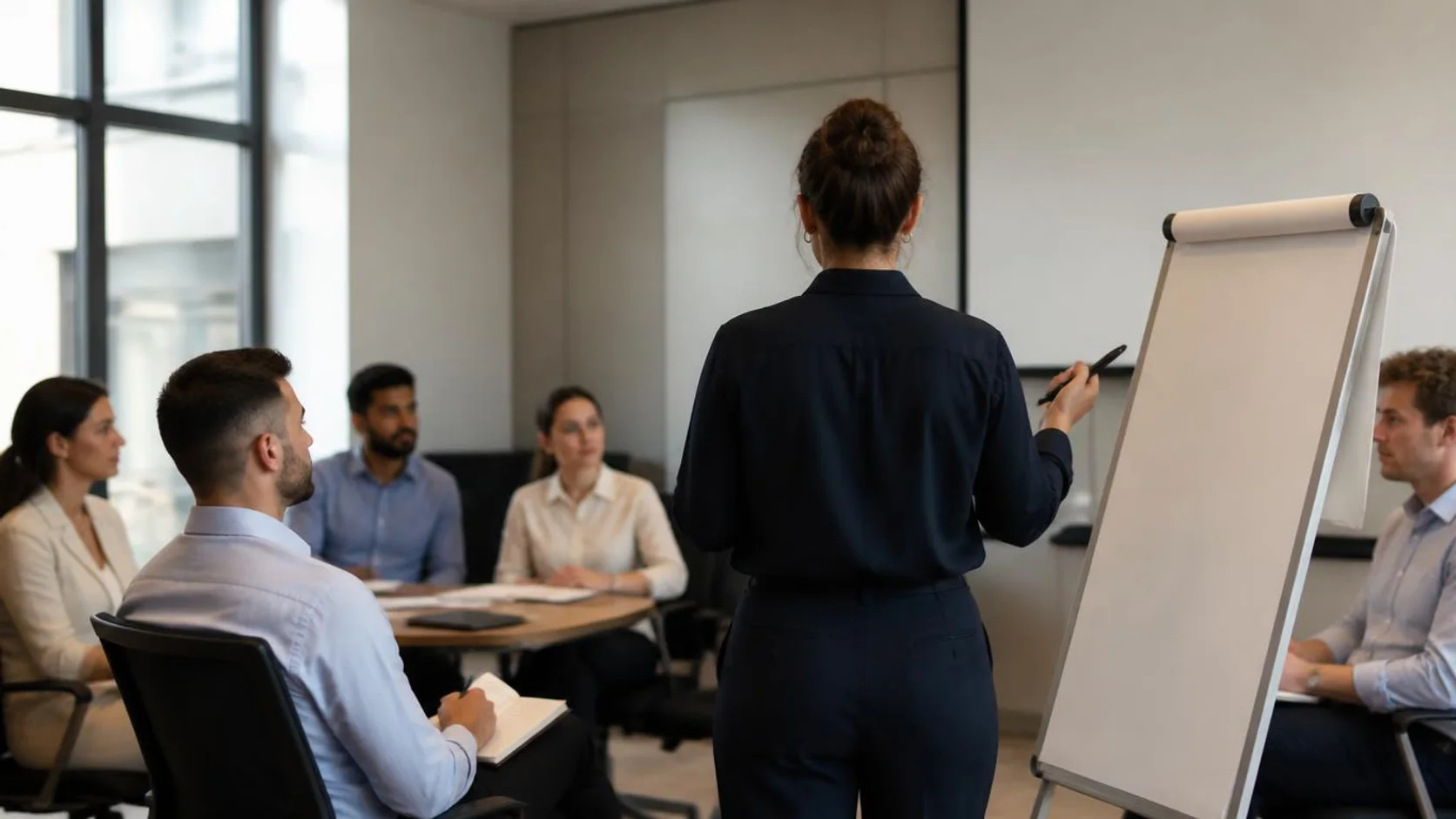 Grupo de jovens profissionais em uma sala de treinamento corporativo, anotando durante uma oficina.