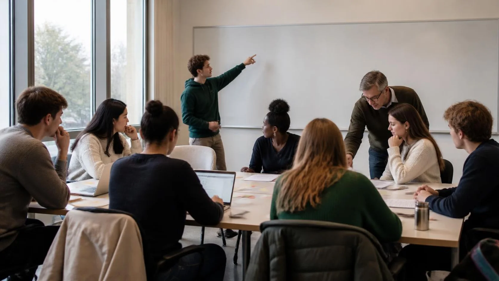 Estudantes discutem um cronograma de curso em sala de seminário, com docente orientando um deles de perto.