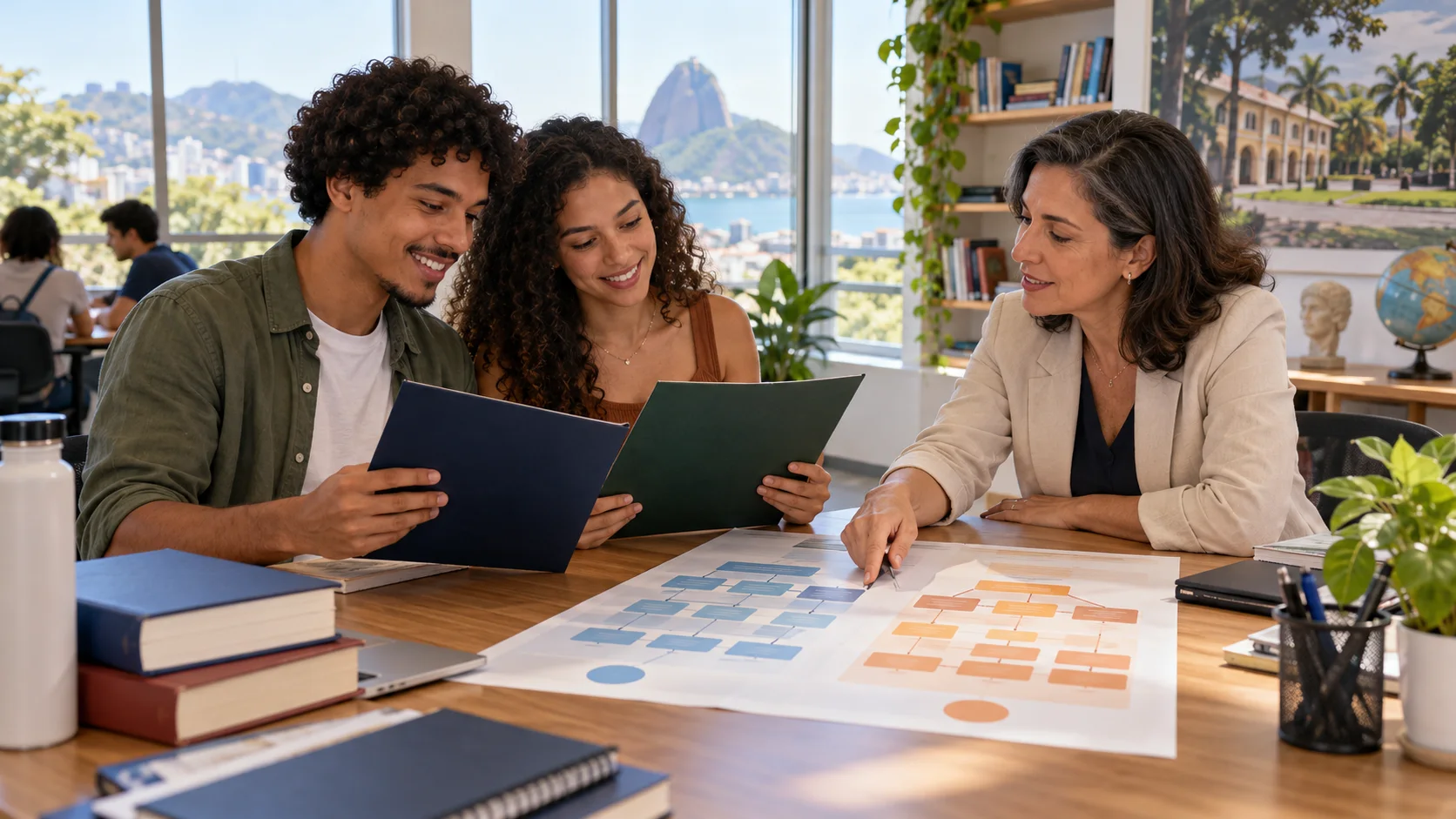 Dois estudantes e uma orientadora analisam caminhos acadêmicos em uma mesa de universidade.