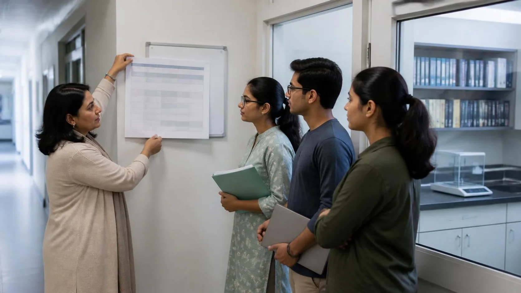 Coordenação apresenta um calendário impresso de programa a três estudantes de mestrado no corredor de um instituto de pesquisa.