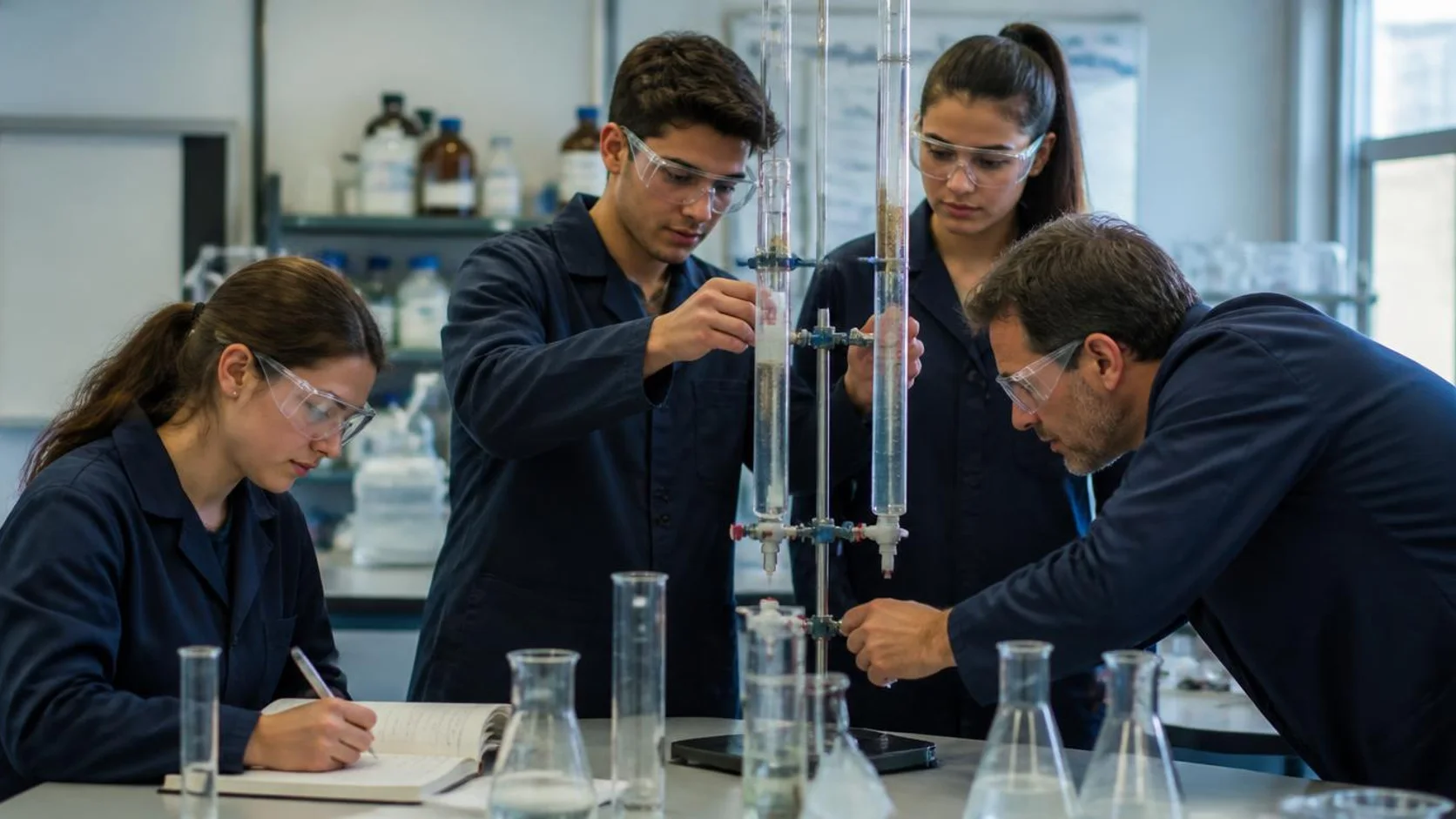 Estudantes universitários operam coluna de filtração com amostras de água em laboratório de engenharia ambiental.