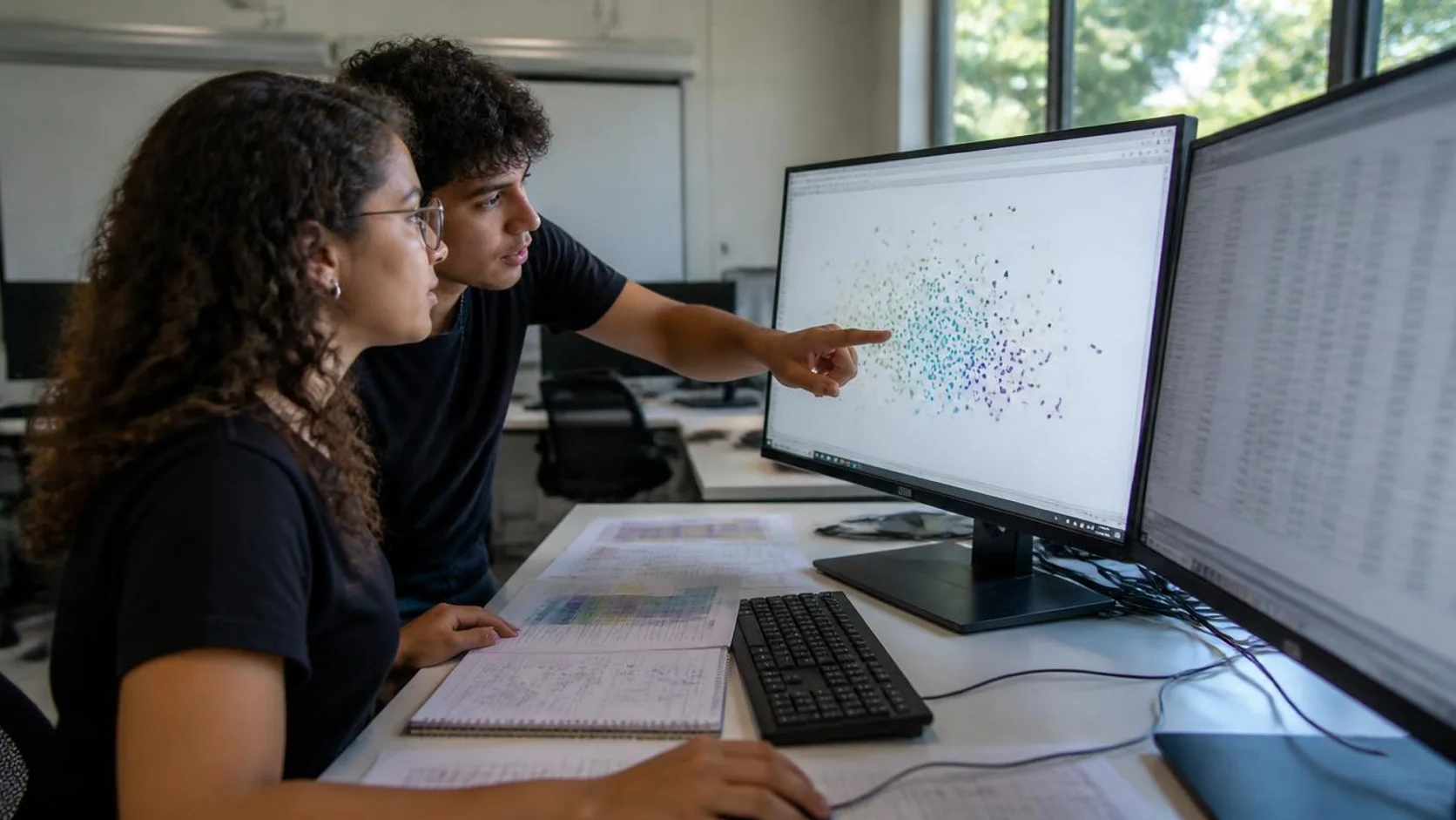 Dois estudantes analisam gráfico de dispersão em monitor de laboratório, com tabelas estatísticas impressas sobre a mesa.