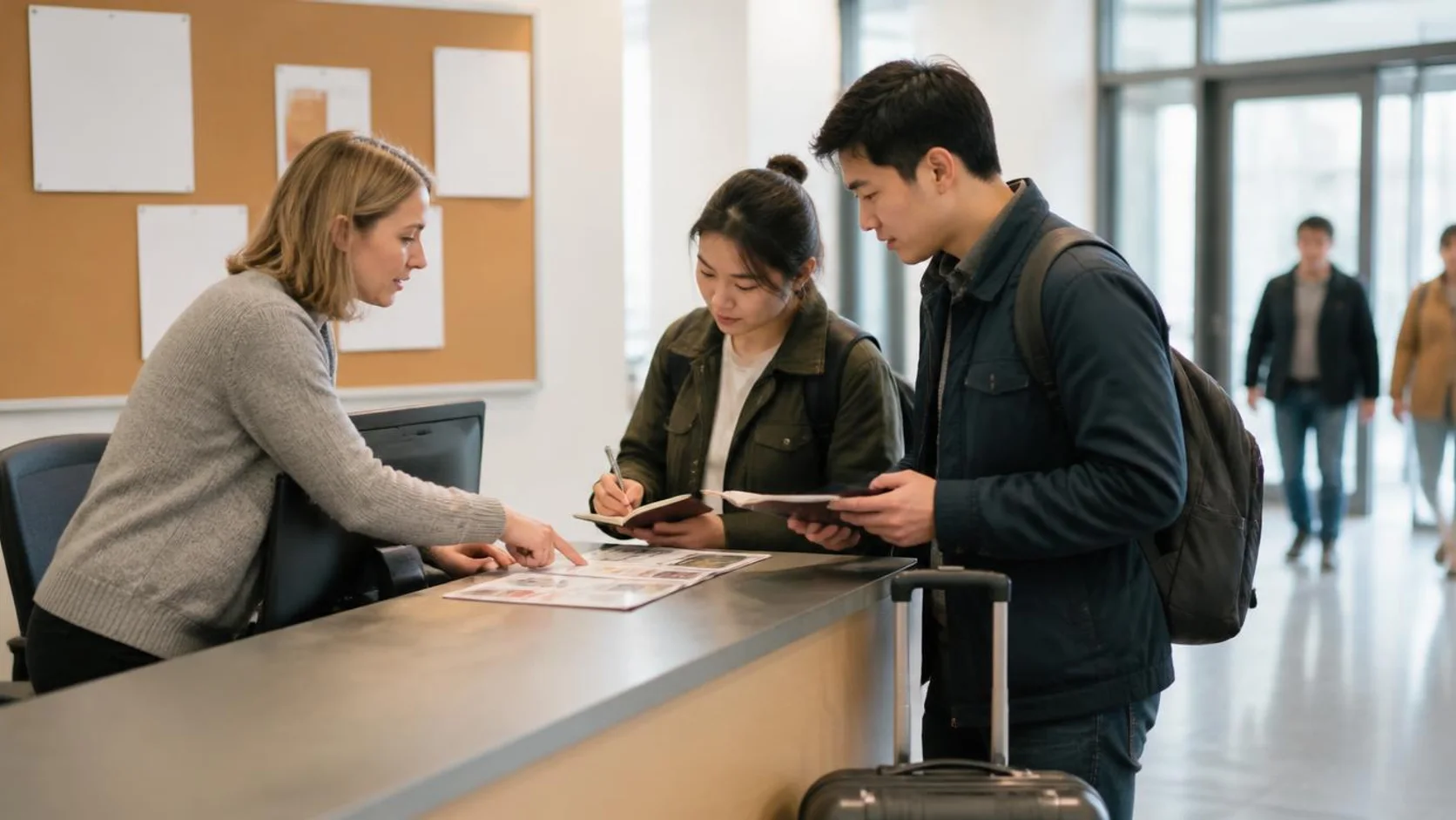 Funcionária explica a programação de recepção a dois estudantes internacionais em um balcão de acolhimento universitário.