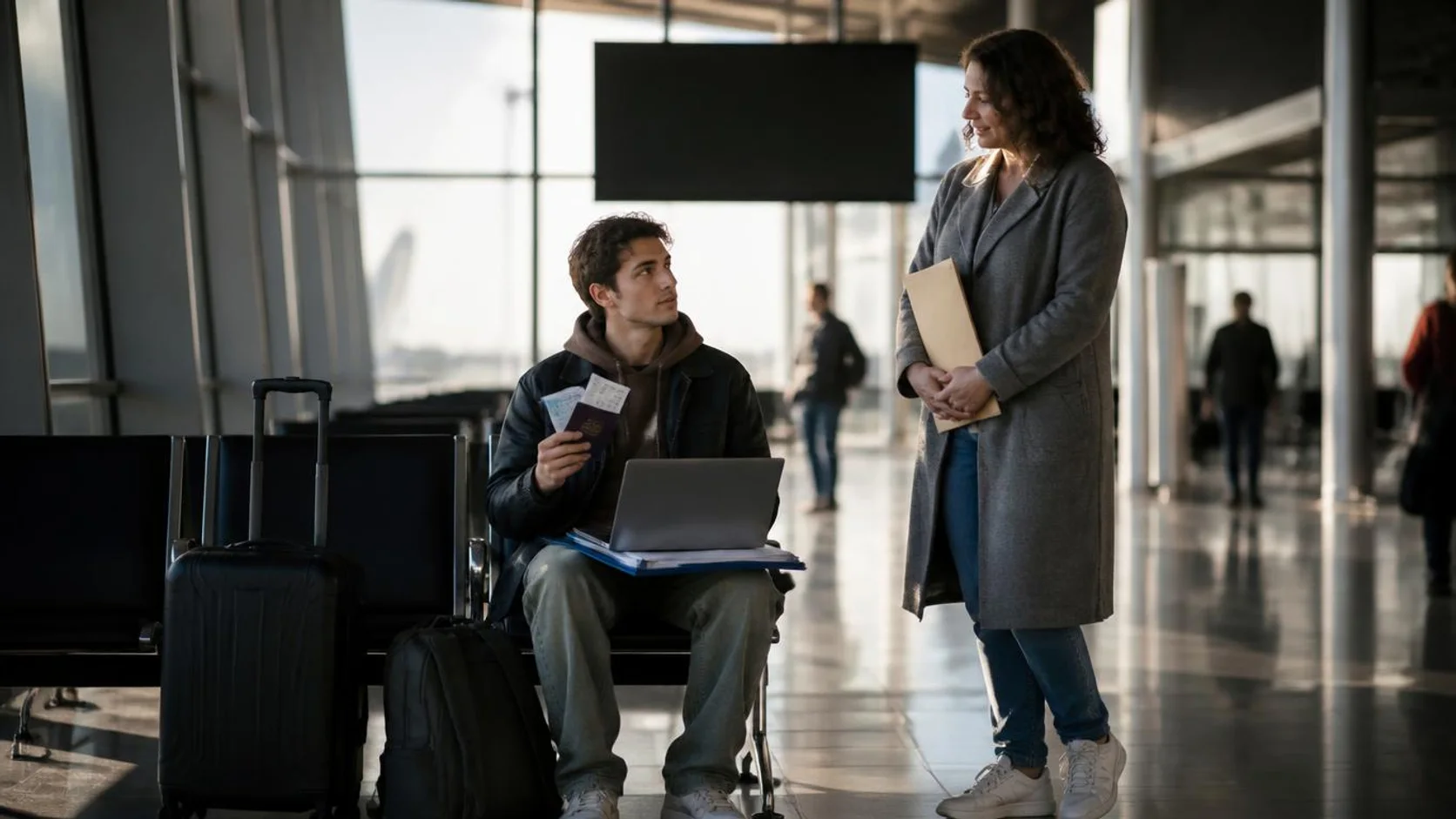 Estudante de intercâmbio com mala e documentos de matrícula conferindo o passaporte na área de embarque de um aeroporto.