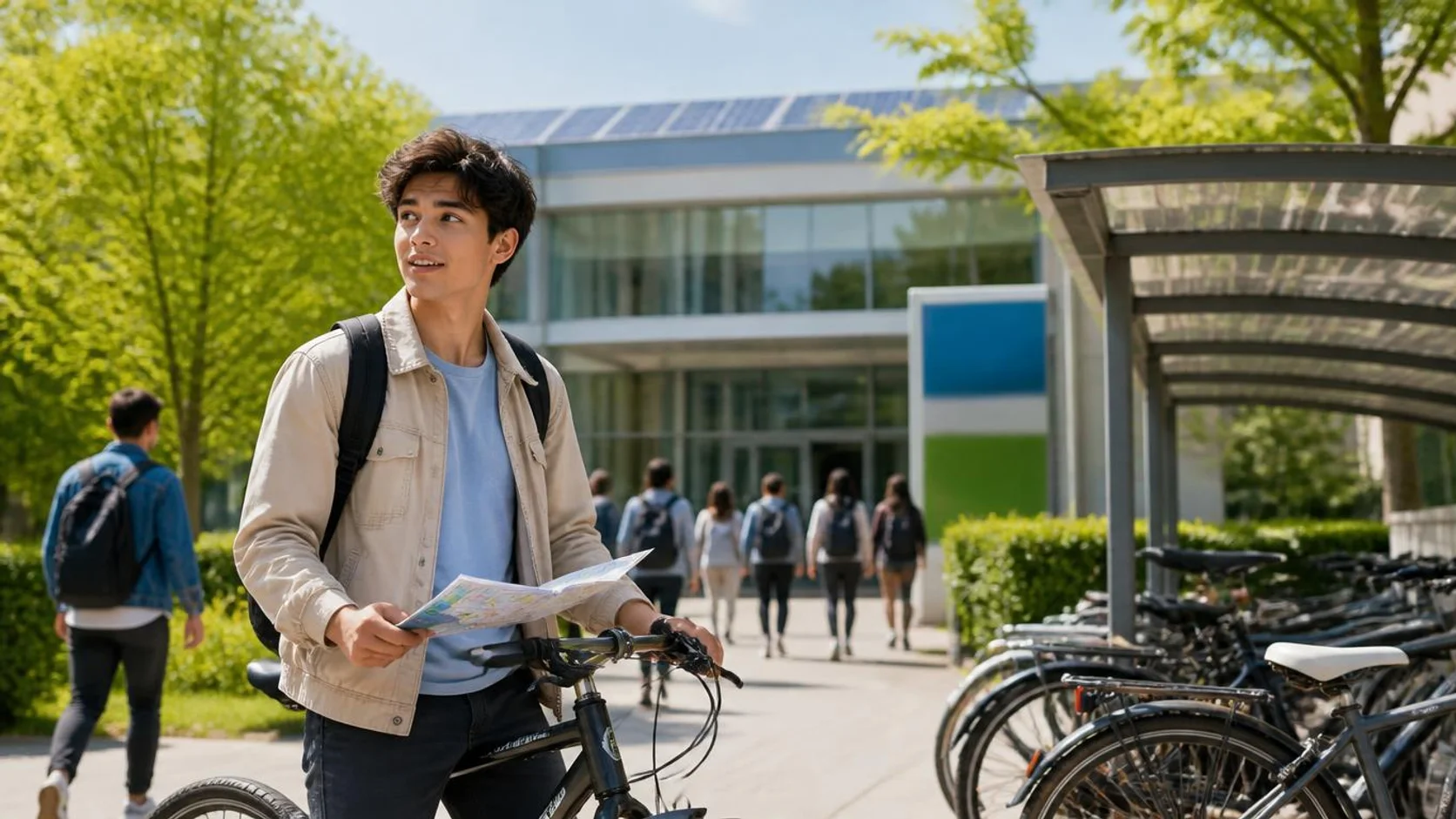 Estudante de intercâmbio com mochila chega de bicicleta ao portão de um campus universitário, segurando um mapa dobrado ao lado de um bicicletário coberto