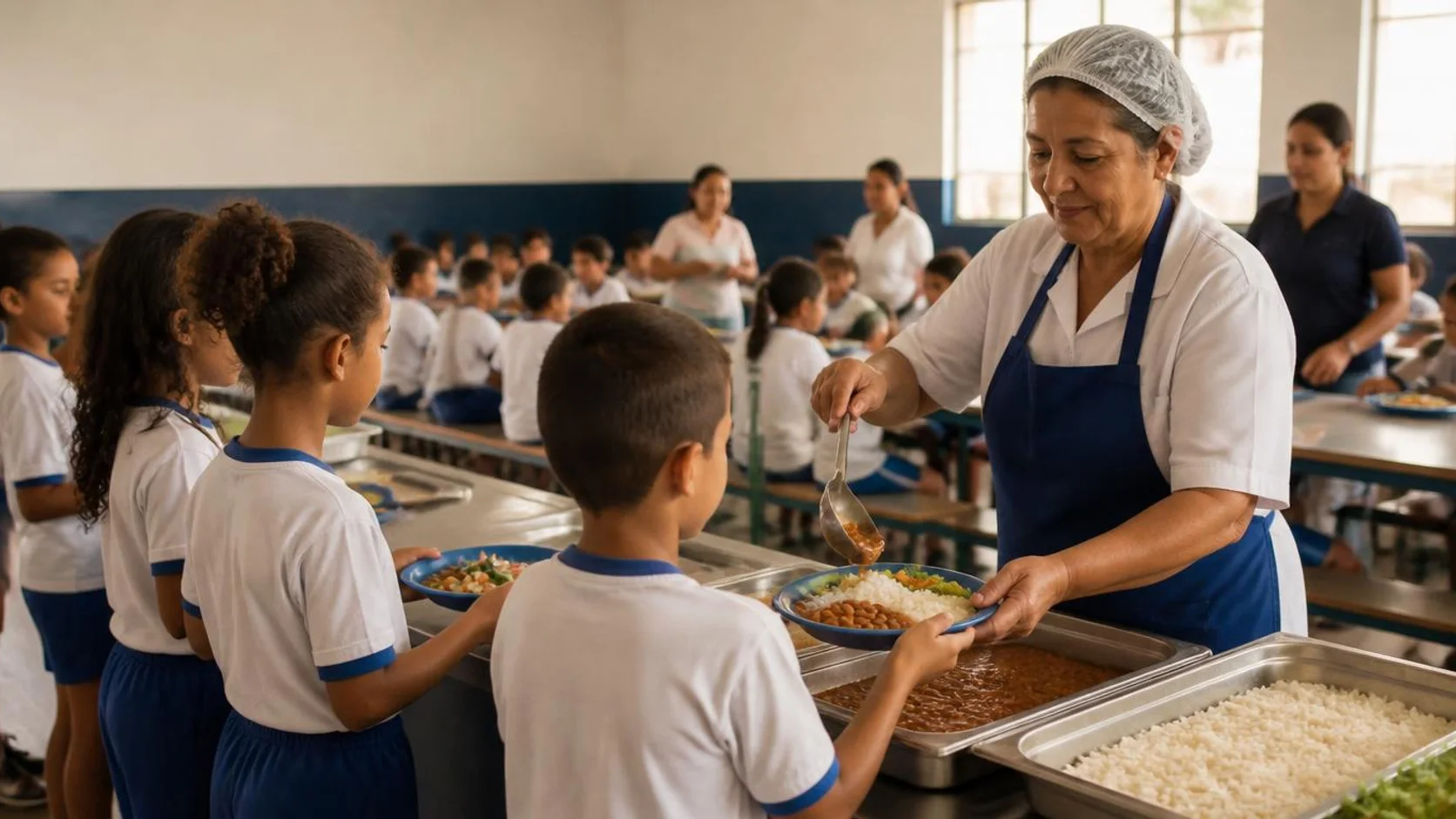 Merendeira serve refeição a estudantes em refeitório de escola pública, com bandejas e alimentos frescos à vista.