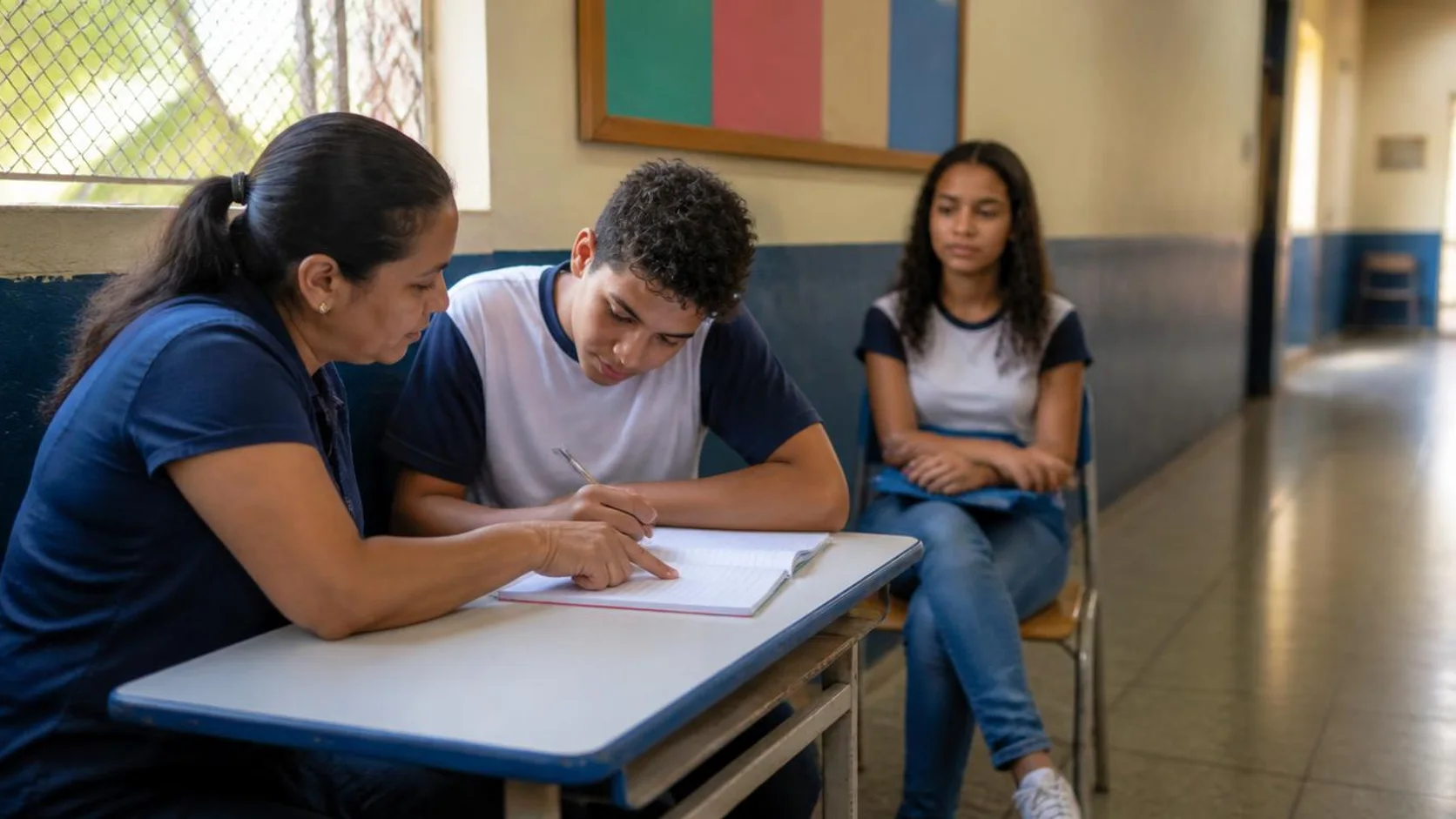 Docente orientando estudante sobre o caderno em um cantinho de tutoria na escola, enquanto outro estudante aguarda com uma pasta no colo.