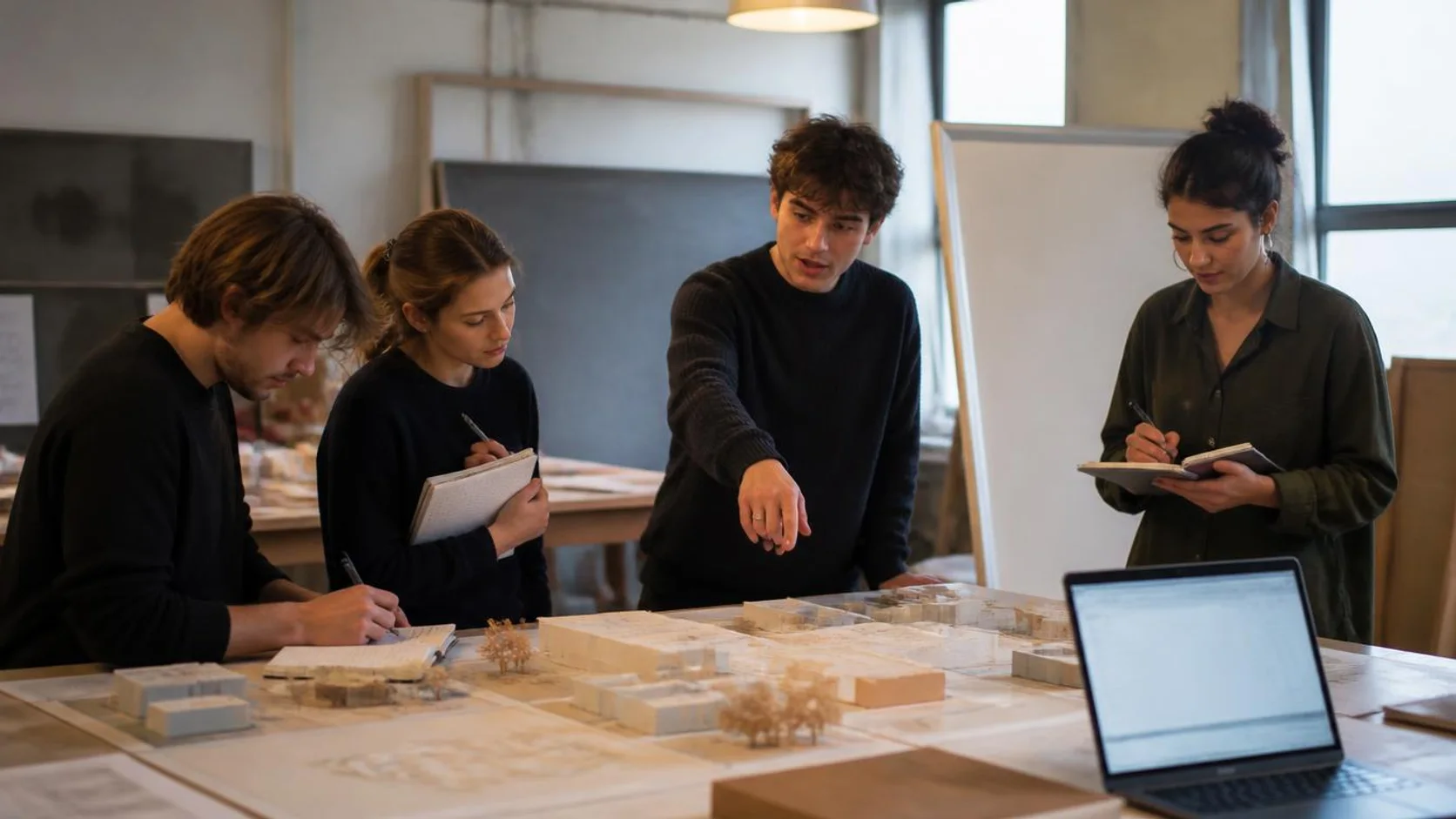 Quatro estudantes de graduação revisam juntos uma maquete física e mapas impressos sobre a mesa de uma sala de projetos universitária.