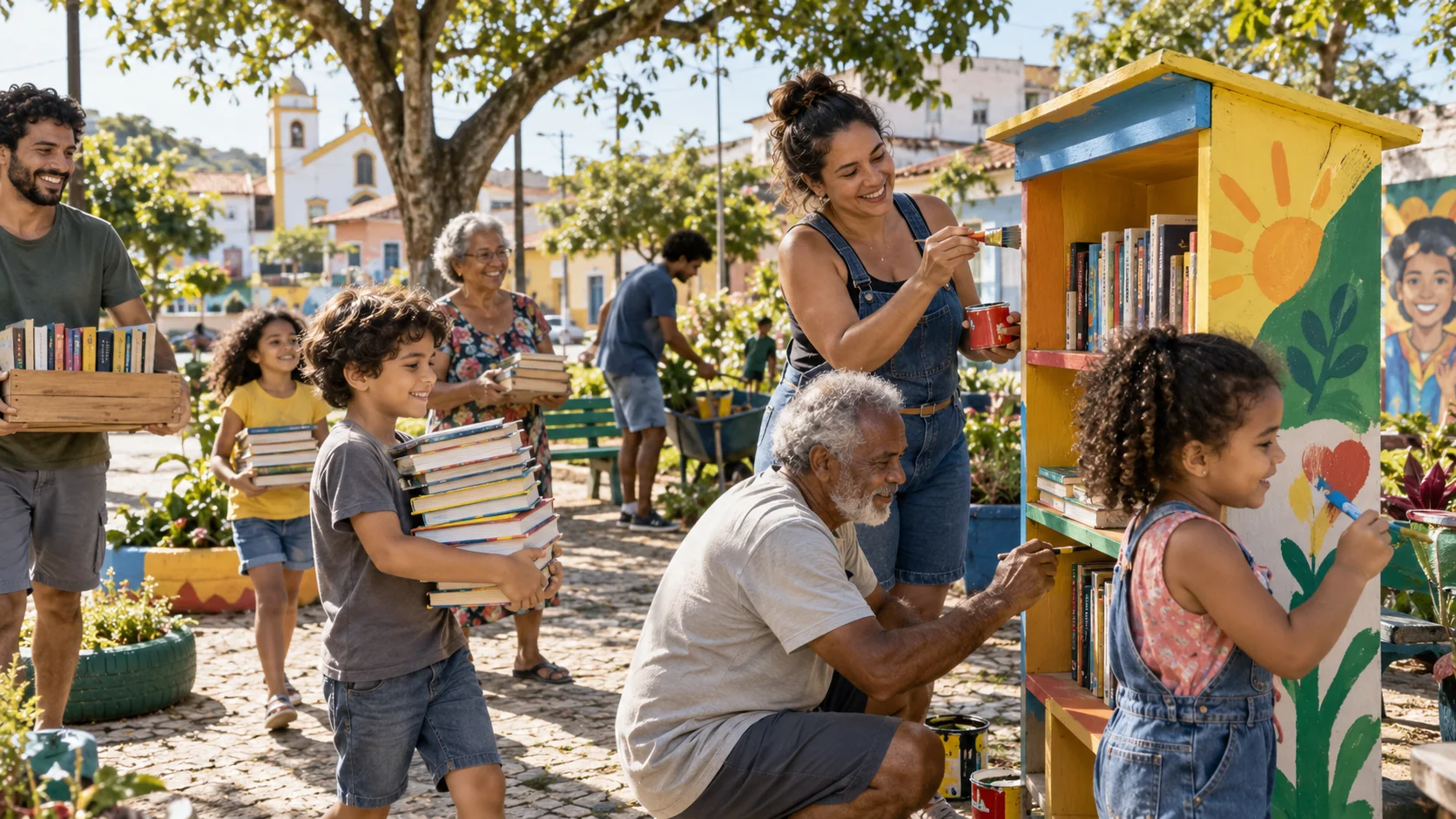 Jovens e moradores pintam um mural e organizam materiais em uma praça