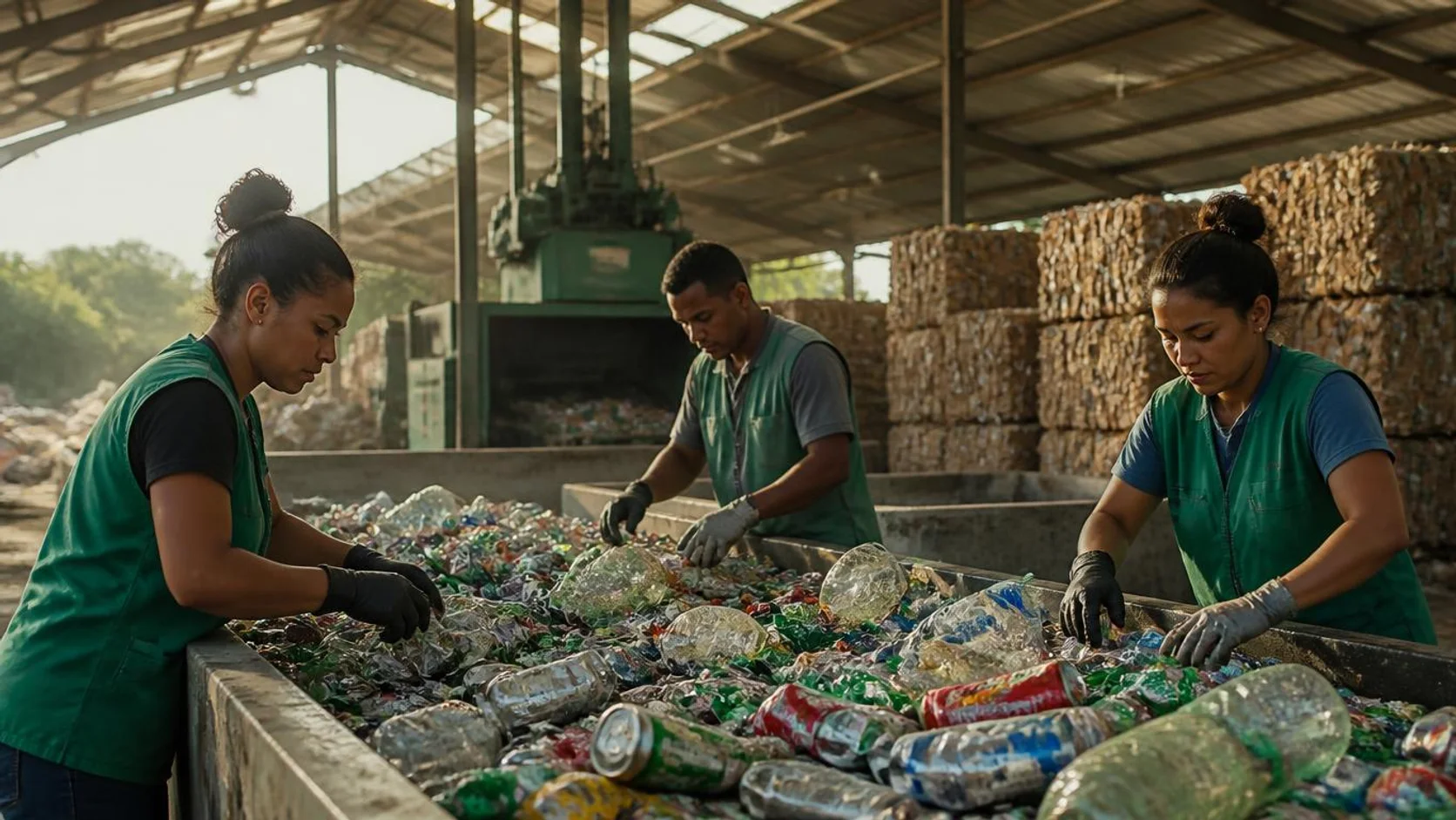 Três trabalhadores com luvas e coletes separam latas de alumínio e garrafas PET em mesa de triagem de uma cooperativa de reciclagem, com fardos prensados ao fundo