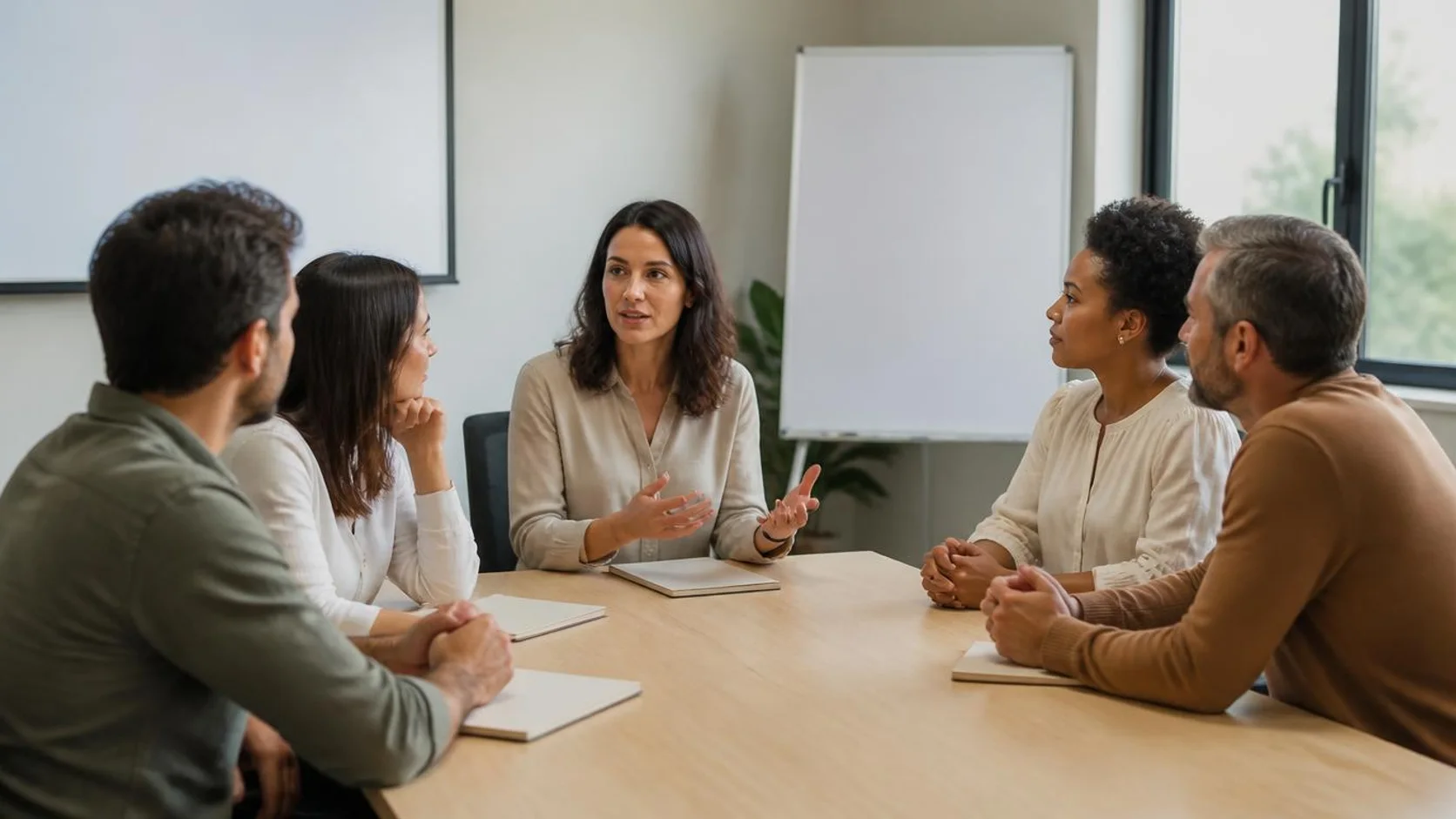 Profissional de psicologia conduzindo conversa em grupo com profissionais durante reunião em escritório.