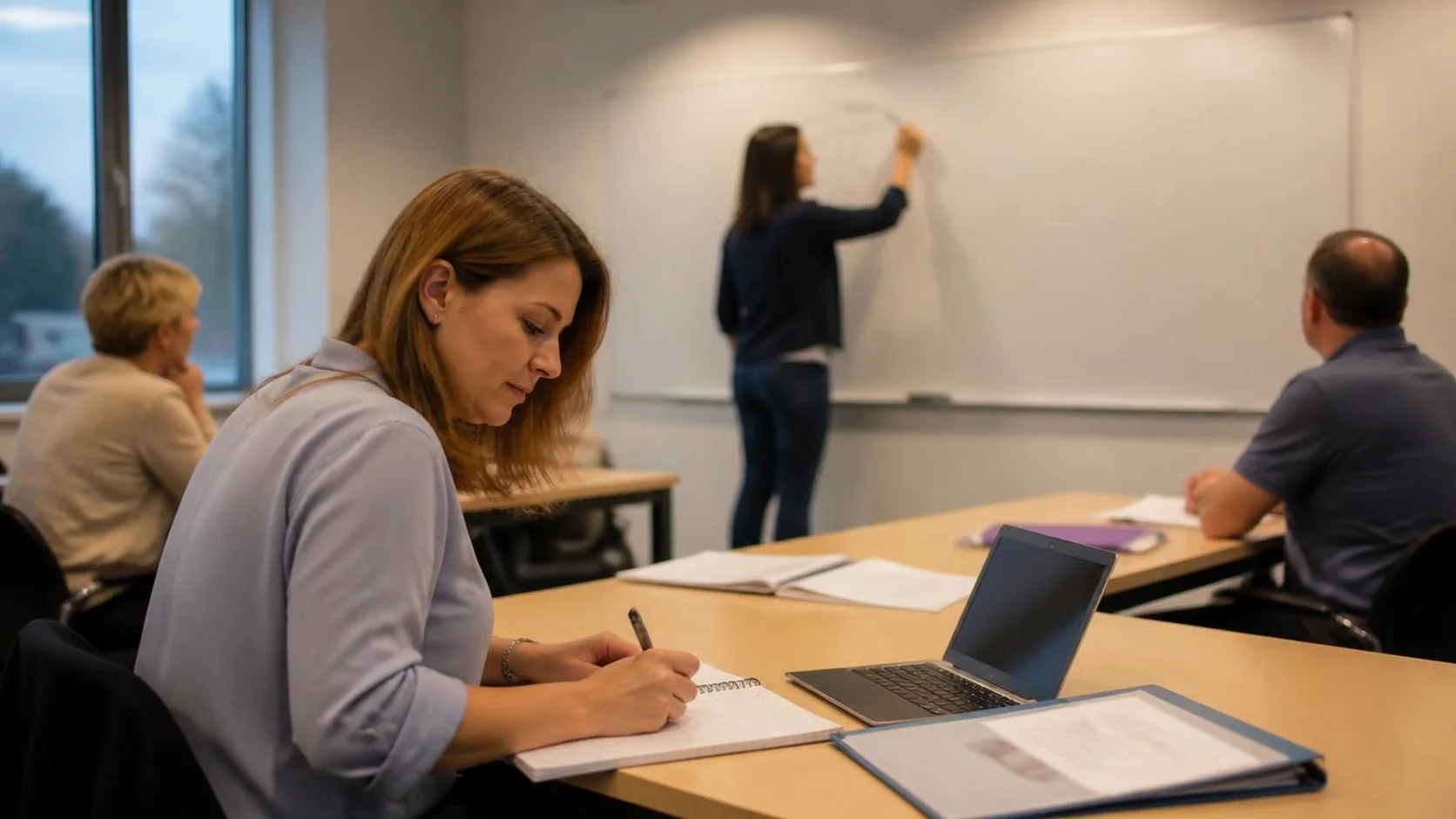 Estudante adulta faz anotações durante aula de qualificação profissional em sala de formação, com colegas ao fundo.