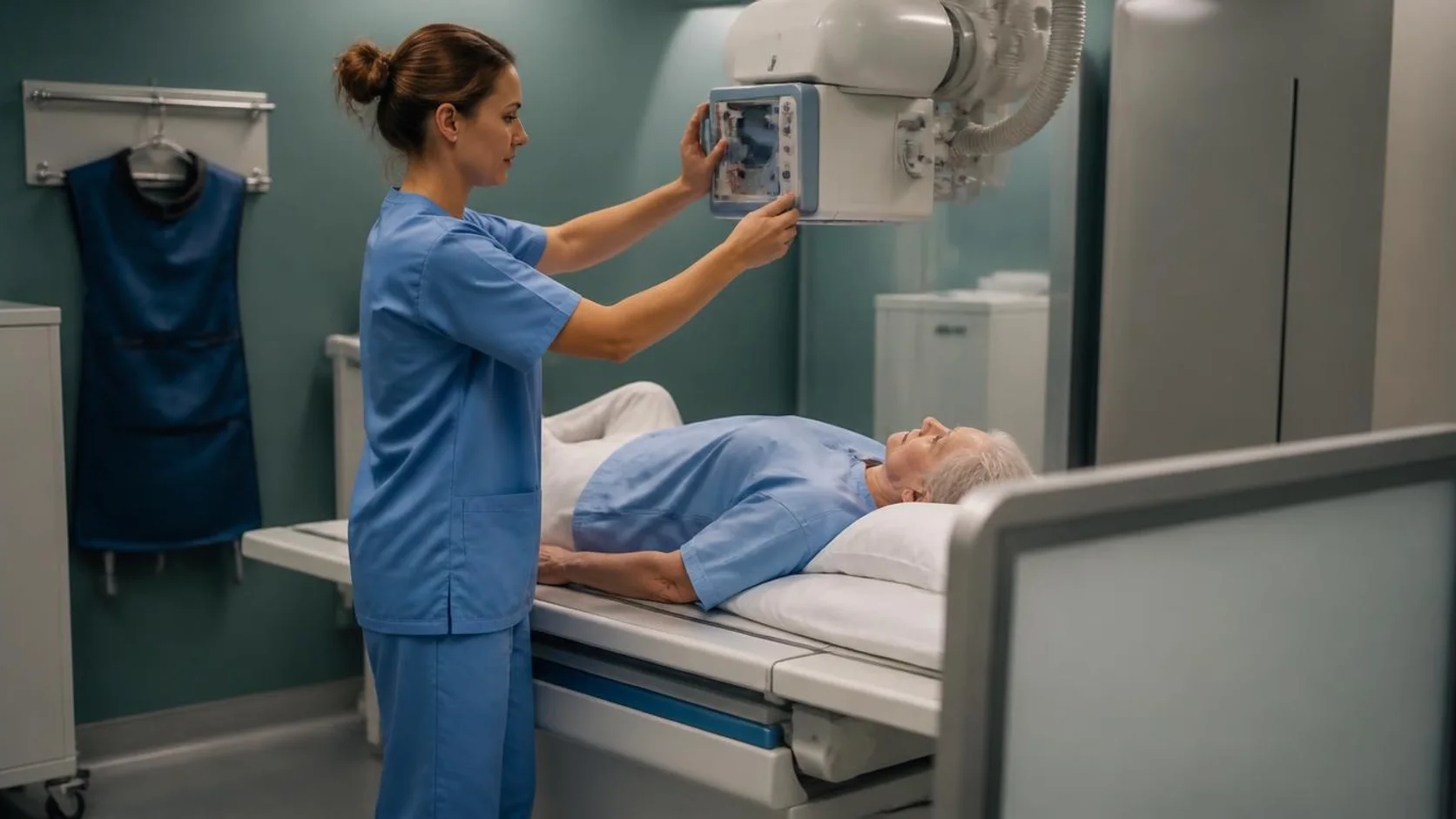 Técnico em radiologia ajusta equipamento de imagem ao lado de paciente deitado na mesa de exame, com avental de proteção ao fundo.