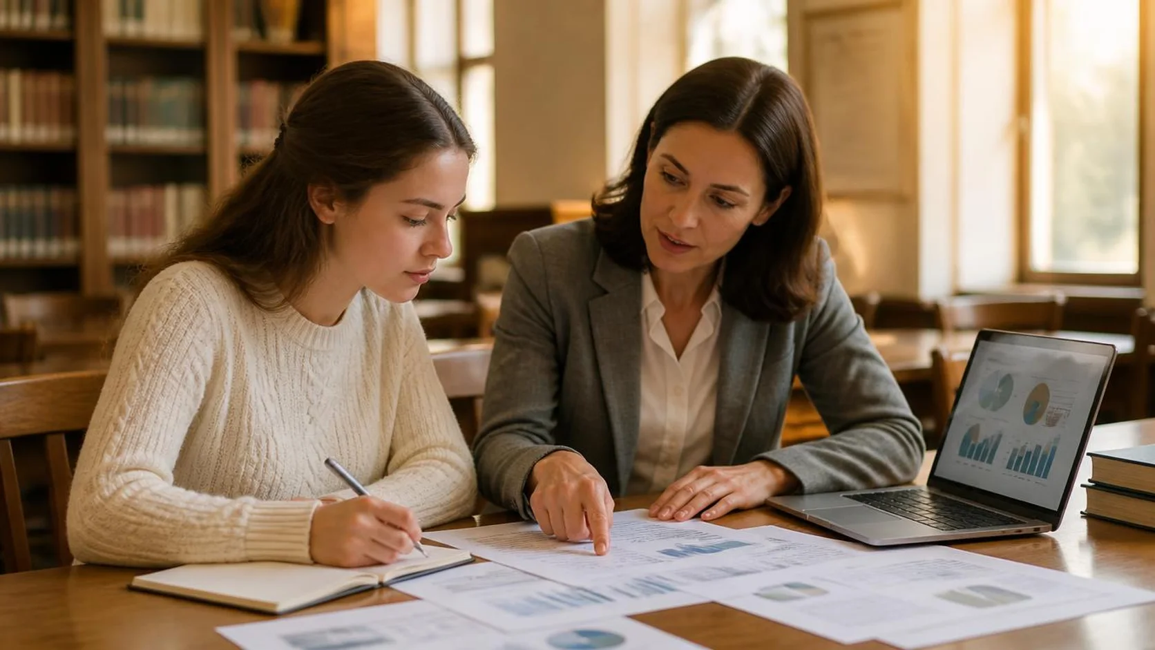 Estudante e orientação acadêmico comparando relatórios institucionais impressos sobre uma mesa de biblioteca, com caderno e notebook ao lado.