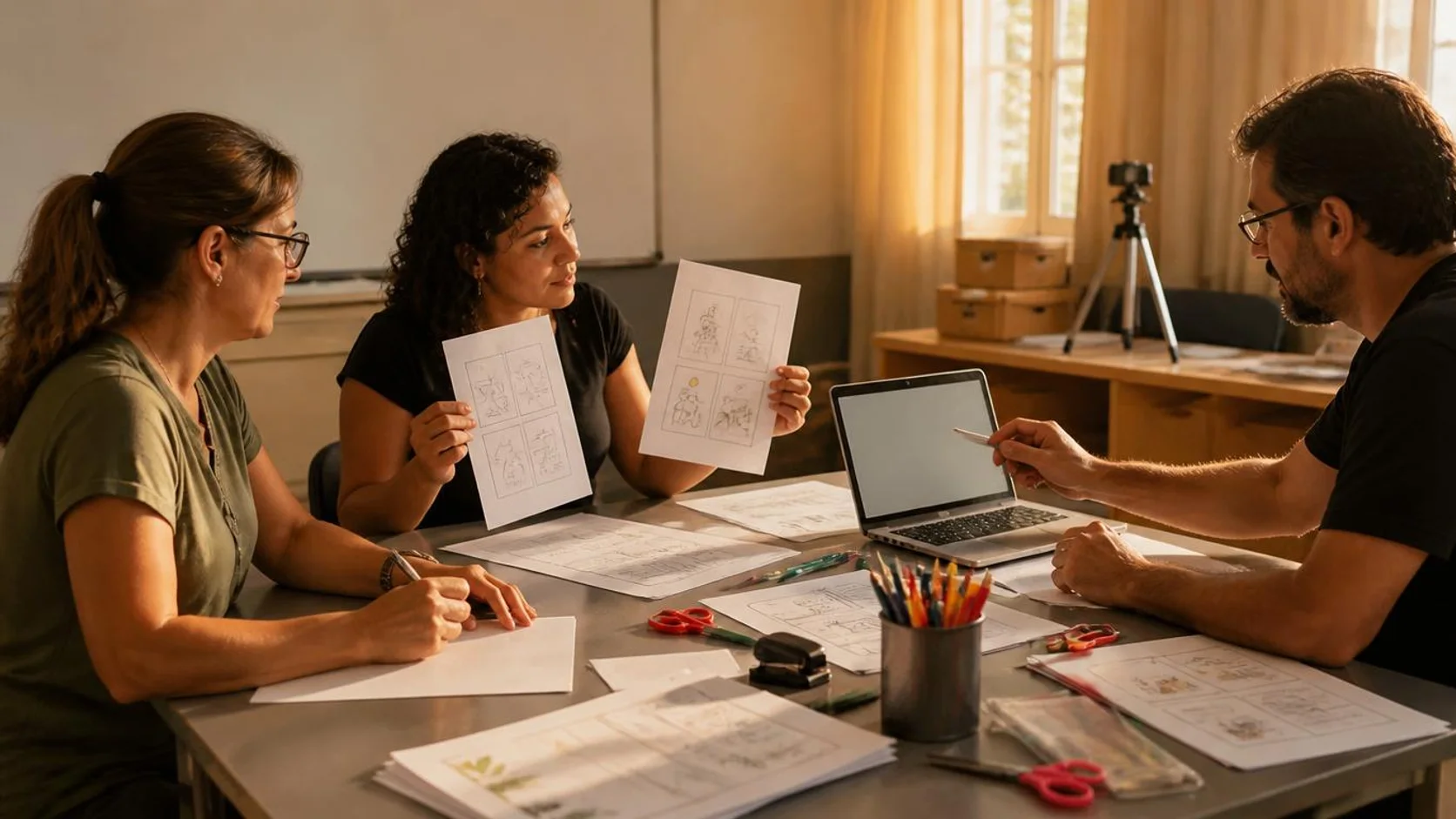 Docentes reunidos em uma sala de trabalho escolar comparando folhas impressas e adaptando juntos um material didático.