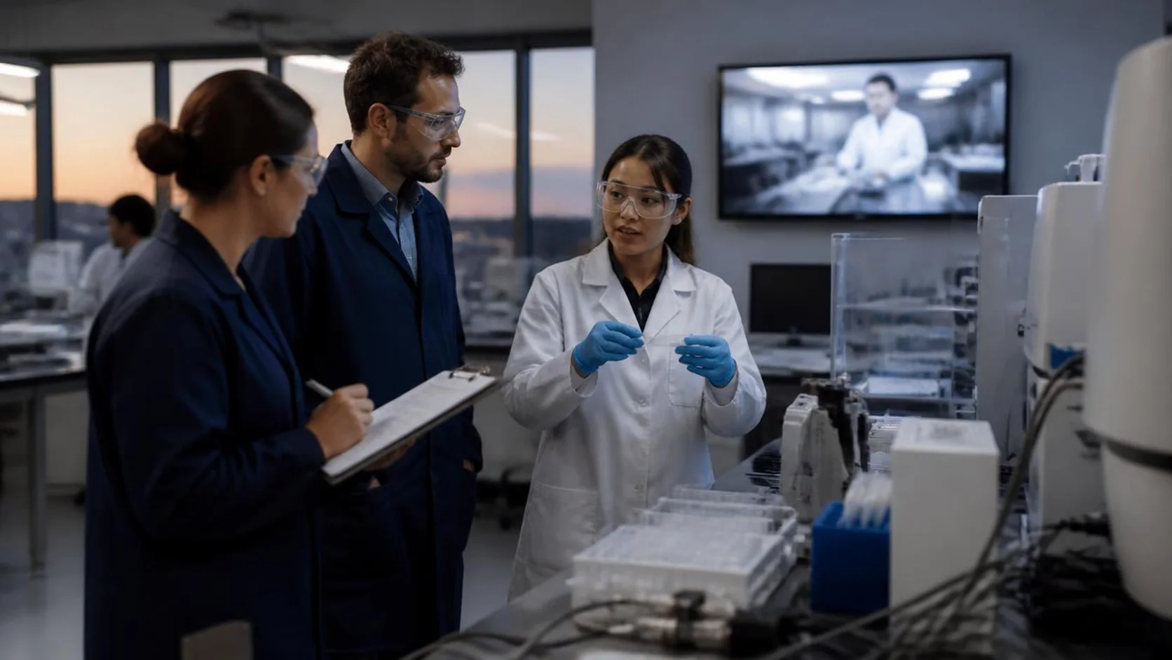 Estudante de pós-graduação mostra uma etapa de preparação de amostras a dois pesquisadores visitantes em um laboratório compartilhado, com equipamentos multiusuários ao redor.