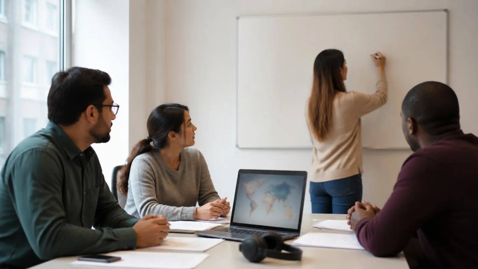 Equipe de pesquisa de origens diferentes reunidos em mesa de trabalho durante reunião de cooperação acadêmica internacional.