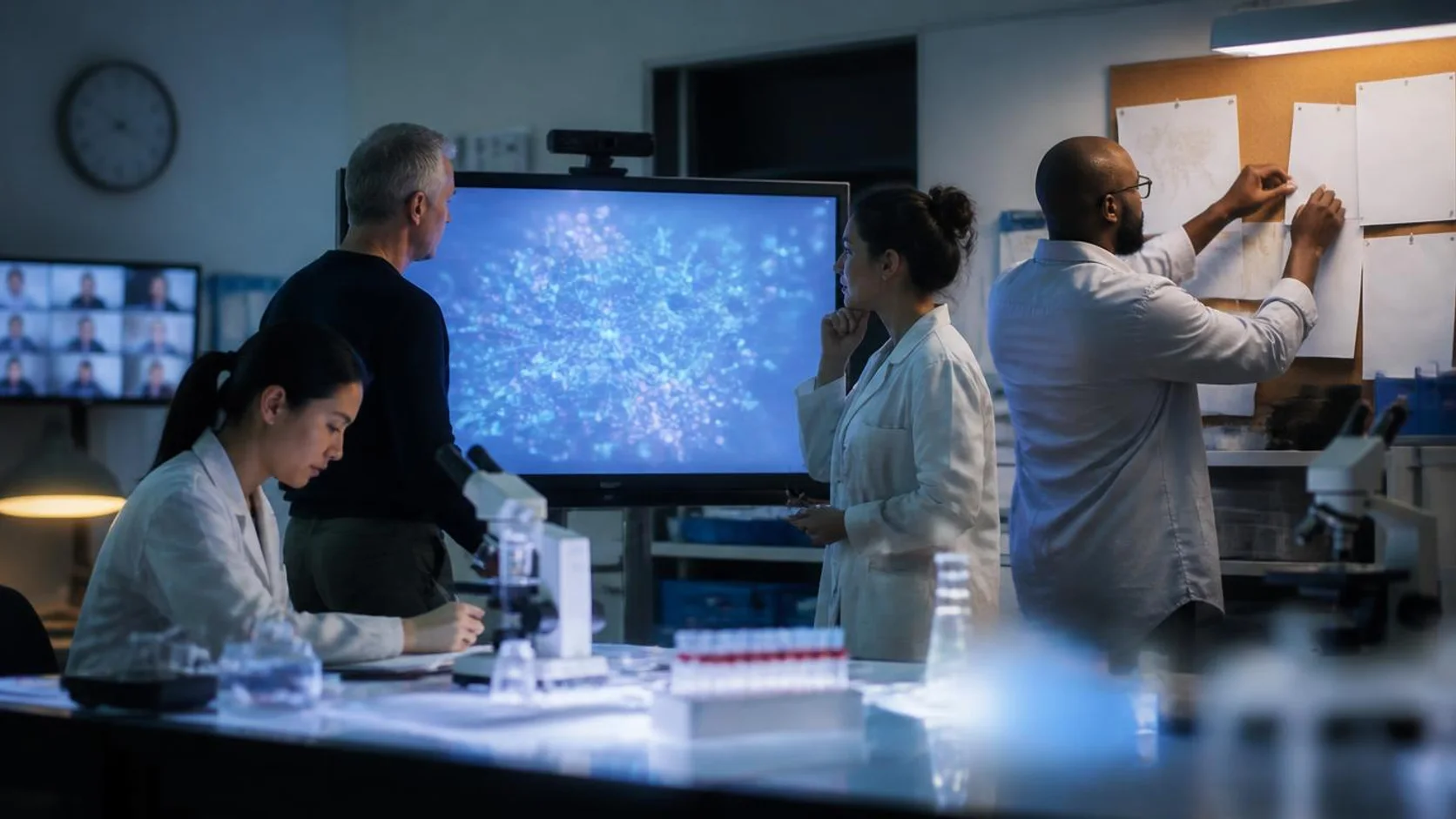 Equipe de pesquisa de um laboratório compartilhado analisam diagrama de rede de cooperação em um monitor durante reunião de trabalho.