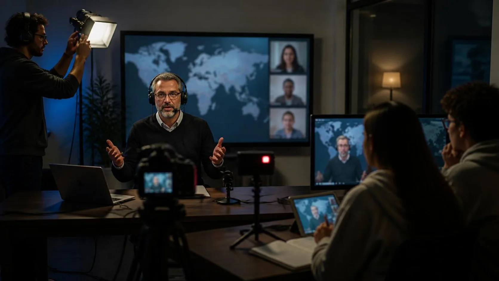 Docente com fone conduz aula transmitida para participantes de outros países, com mapa-múndi desfocado na tela e estudantes acompanhando em outro monitor