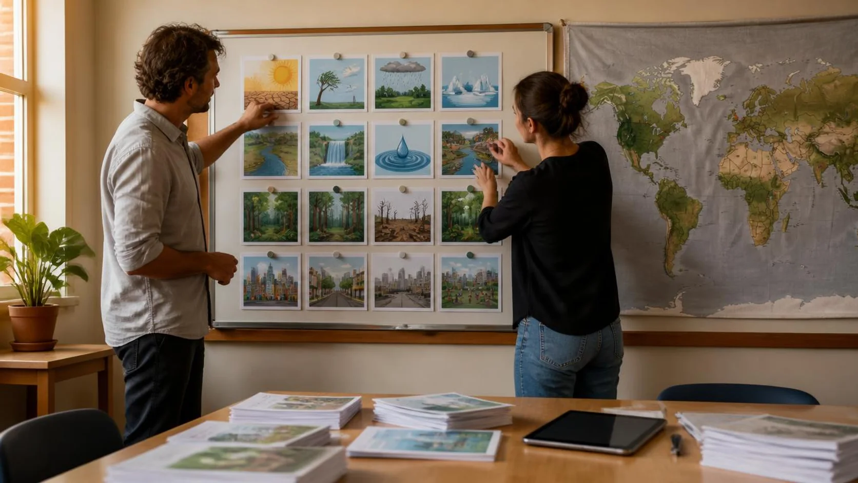 Um professor e uma professora afixam cartões ilustrados sobre clima, água, floresta e cidade em um mural, ao lado de um mapa-múndi, na sala de coordenação de uma escola.