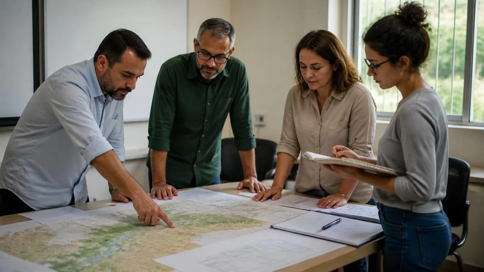 Quatro pessoas reunidas em uma sala de universidade analisam mapas e documentos impressos sobre uma mesa durante uma reunião de cooperação entre instituições.