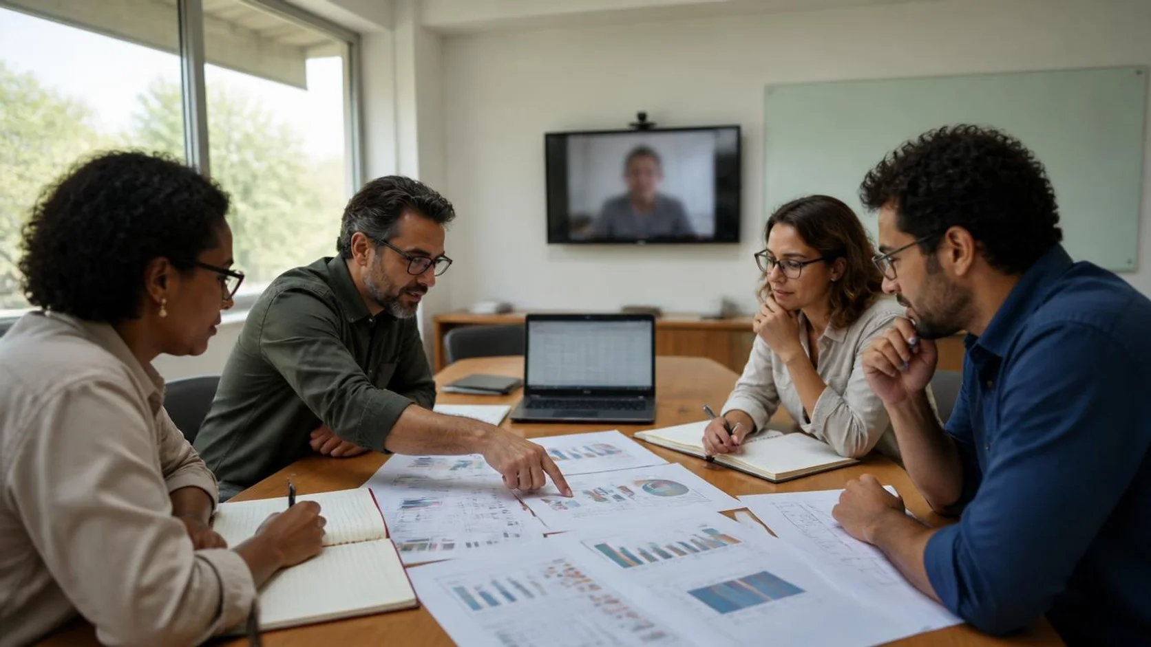 Equipe de pesquisa de instituições diferentes analisam gráficos de uma pesquisa educacional em uma mesa de reunião, com uma colega participando por videochamada ao fundo.