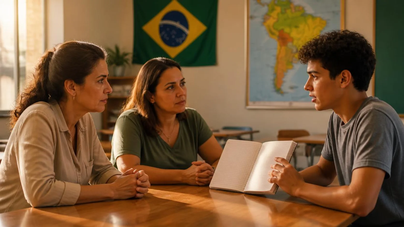 Estudante mostra um caderno aberto a duas pessoas adultas que escutam com atenção, em uma sala de aula com bandeira do Brasil e mapa da América do Sul ao fundo.