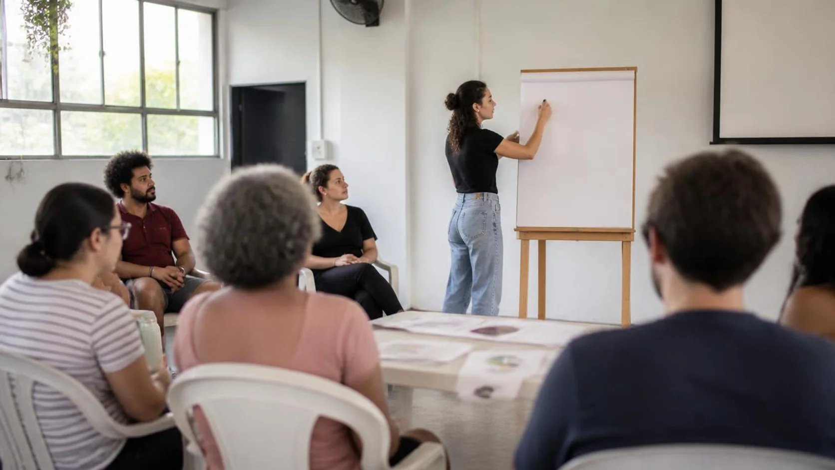 Estudantes universitários e moradores reunidos em círculo durante atividade de extensão em um centro comunitário.