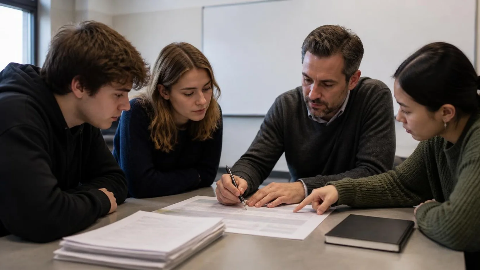Docente e estudantes analisam juntos uma rubrica de avaliação impressa, apontando critérios de desempenho em uma reunião de curso.