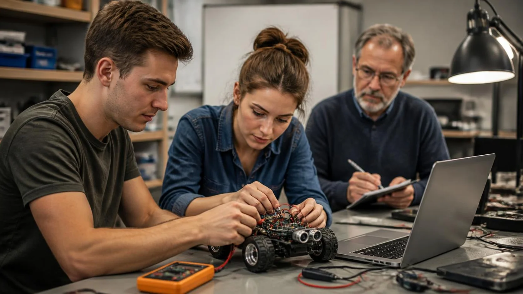 Estudantes montando e programando um protótipo de robô em bancada de laboratório com um docente ao lado