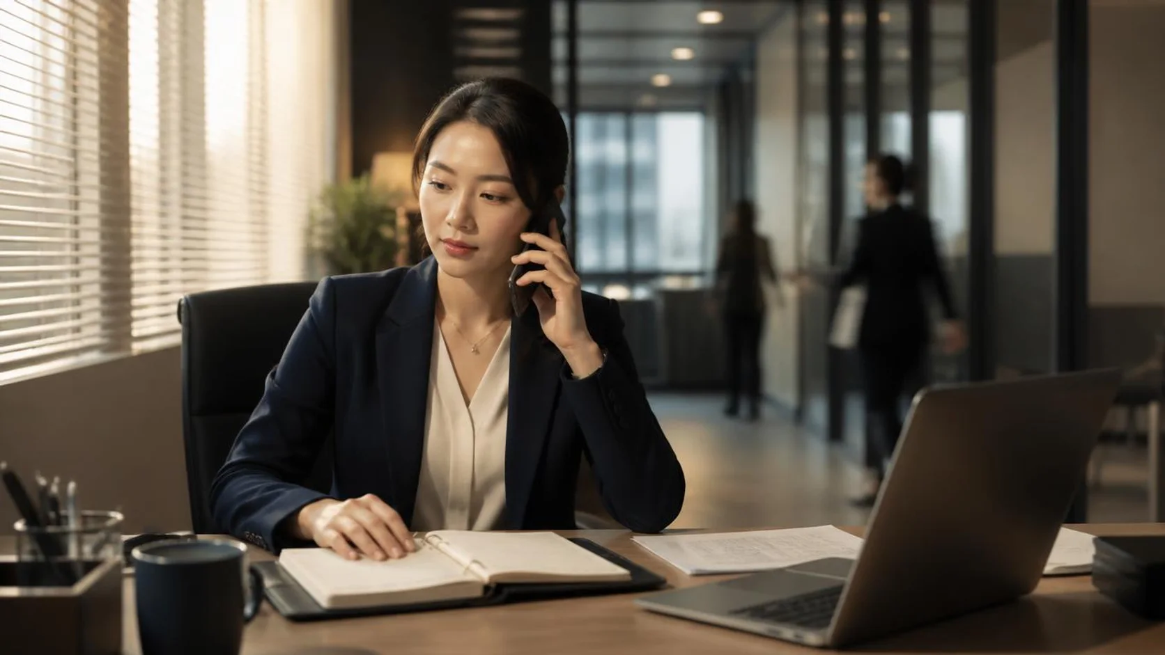 Profissional de secretariado executivo organiza a agenda em uma mesa de escritório enquanto fala ao telefone.