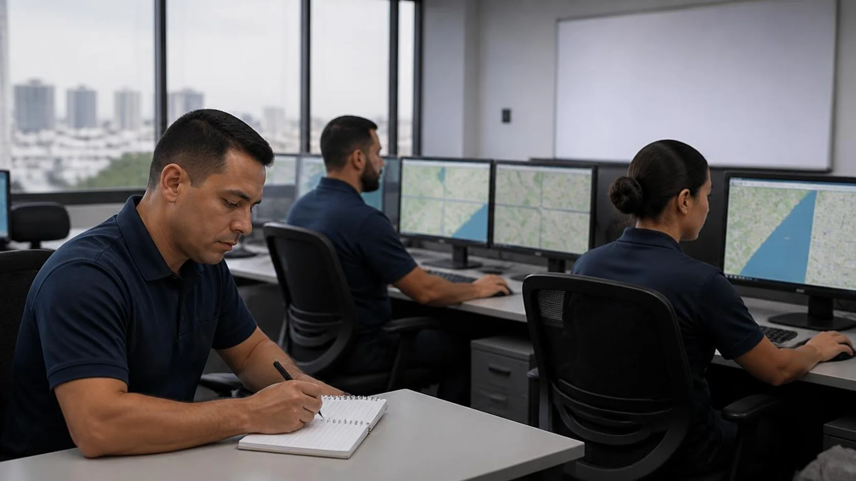 Equipe em sala de operações de segurança pública acompanha telas com mapas abstratos enquanto um integrante anota em prancheta.