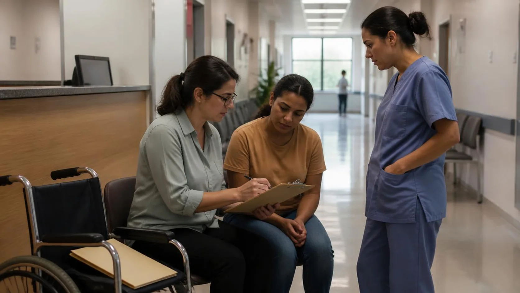 Assistente social conversa com familiares em área de recepção de hospital, com profissional de enfermagem ao lado e documentos em mãos.