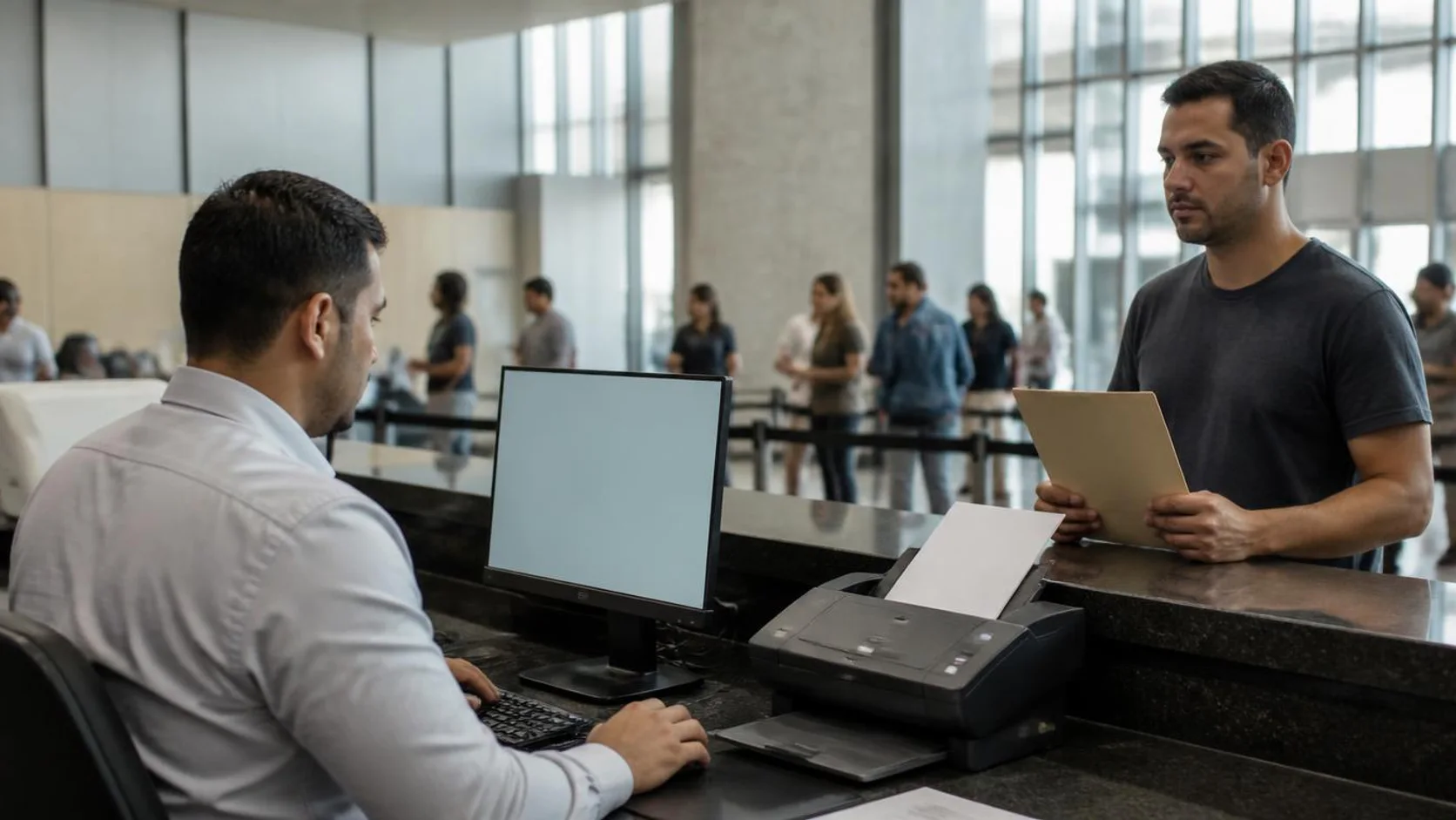 Servidor(a) trabalha em computador com digitalizador atrás de um balcão de atendimento, enquanto uma pessoa aguarda na fila com uma pasta.