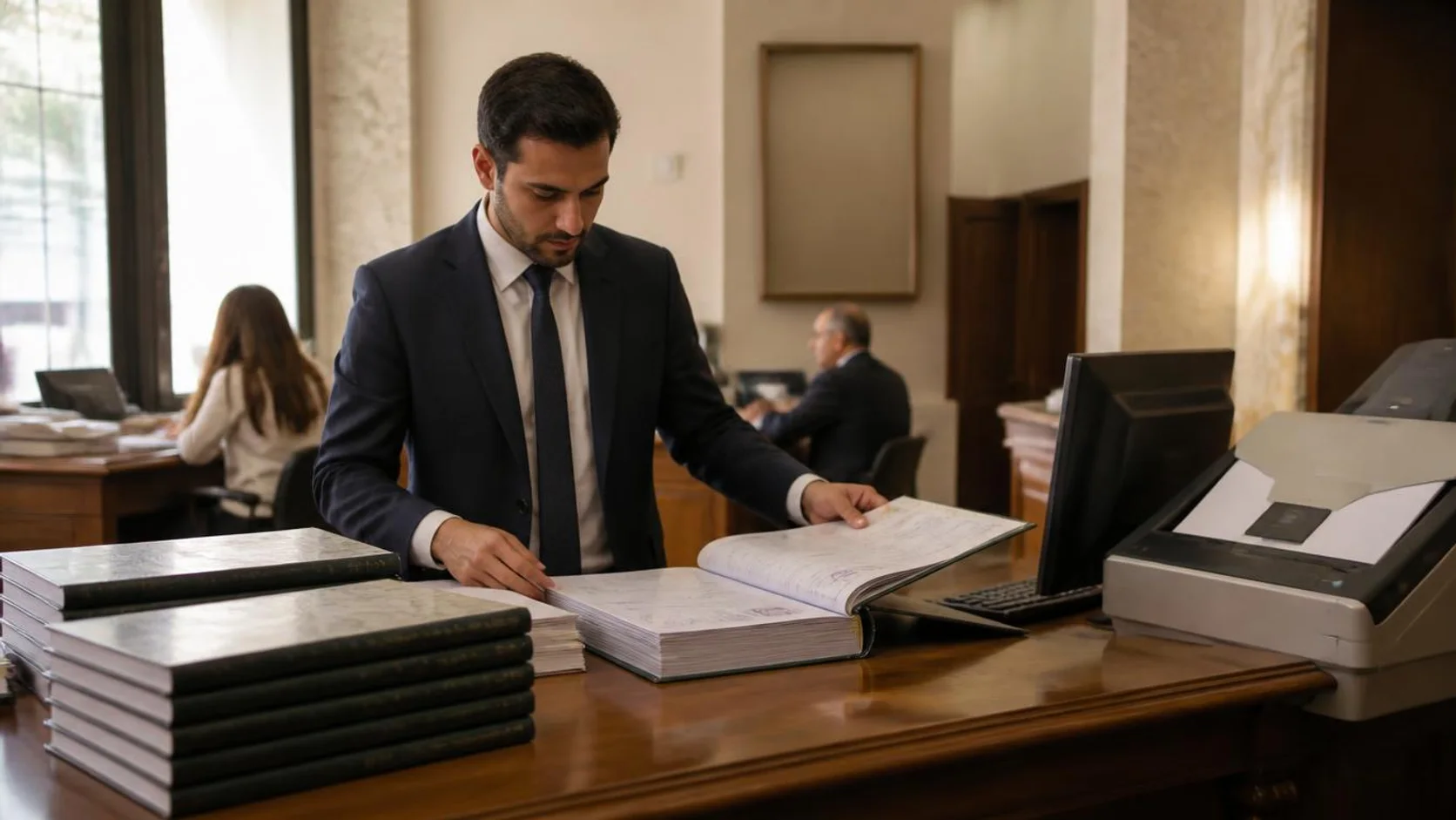 Registrador examina livros de registro encadernados ao lado de um computador e um digitalizador em um cartório.