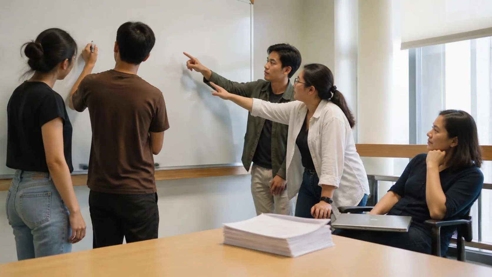 Equipe de estudantes de extensão debate um fluxograma na lousa enquanto a supervisão acompanha.