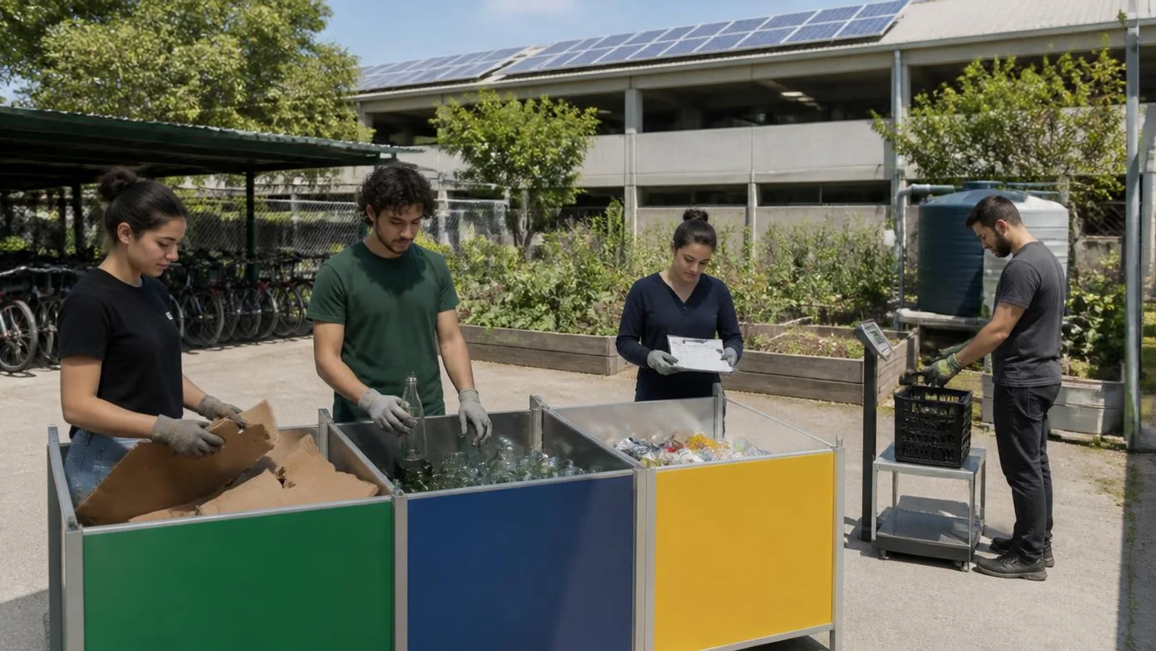 Estudantes com luvas separam material reciclável em baias de triagem no pátio de um campus, com horta de canteiros, reservatório de água de chuva e painéis solares ao fundo