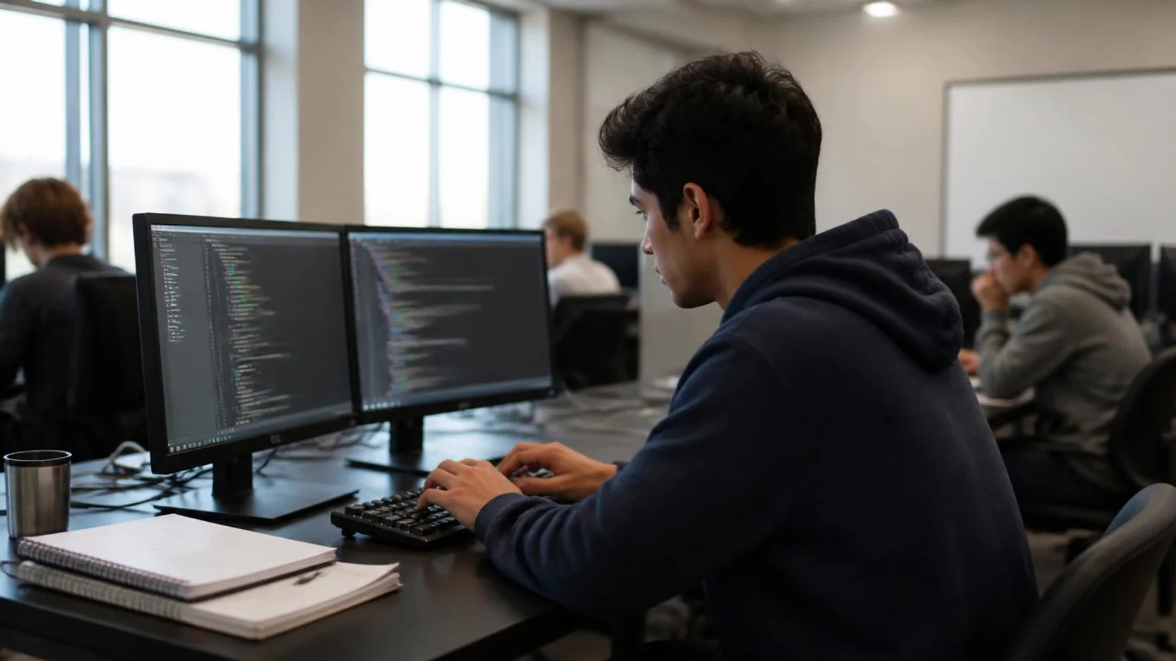 Estudante universitário programa em um laboratório de informática com dois monitores durante uma aula prática.