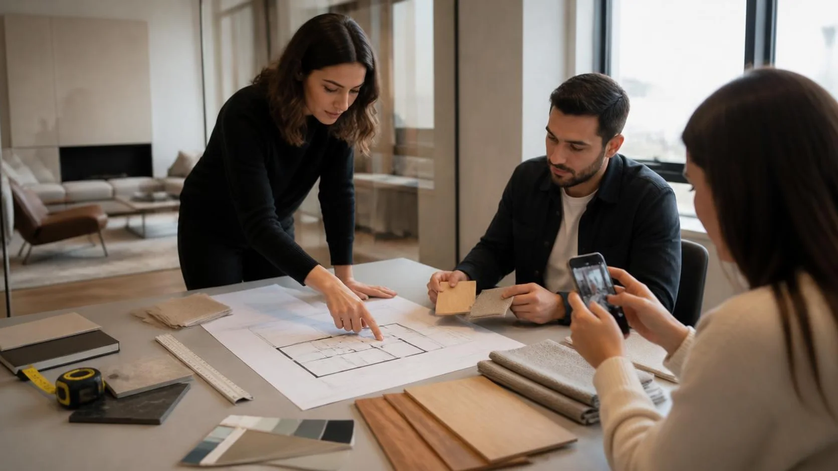 Designer e cliente analisam planta impressa e amostras de materiais sobre uma mesa de escritório de design de interiores.