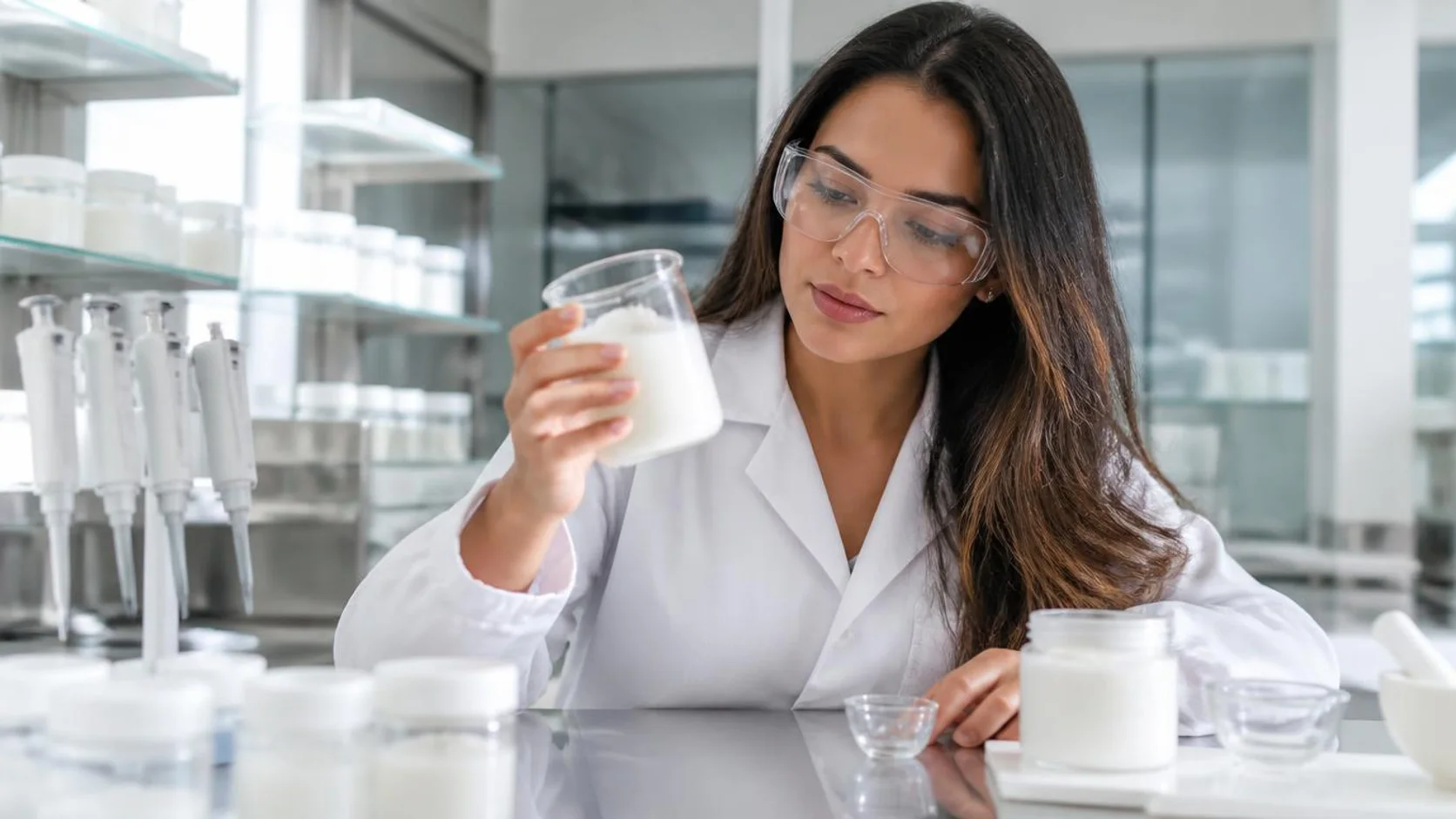 Estudante em laboratório de cosméticos examinando uma formulação sem rótulo durante aula prática.