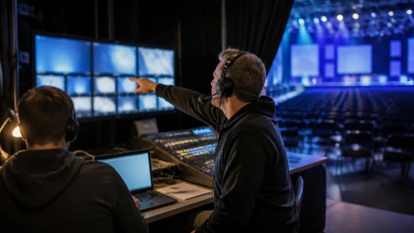 Equipe técnica opera mesa de transmissão nos bastidores de um centro de convenções, com o salão de eventos ao fundo.