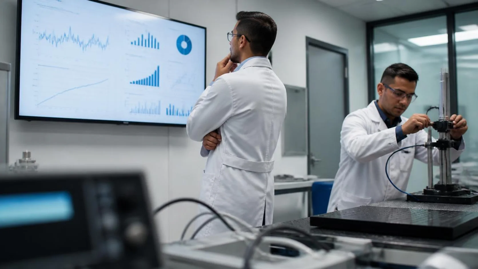 Técnica de laboratório analisando gráficos de processo em um monitor enquanto um colega ajusta um sensor na bancada de medição.
