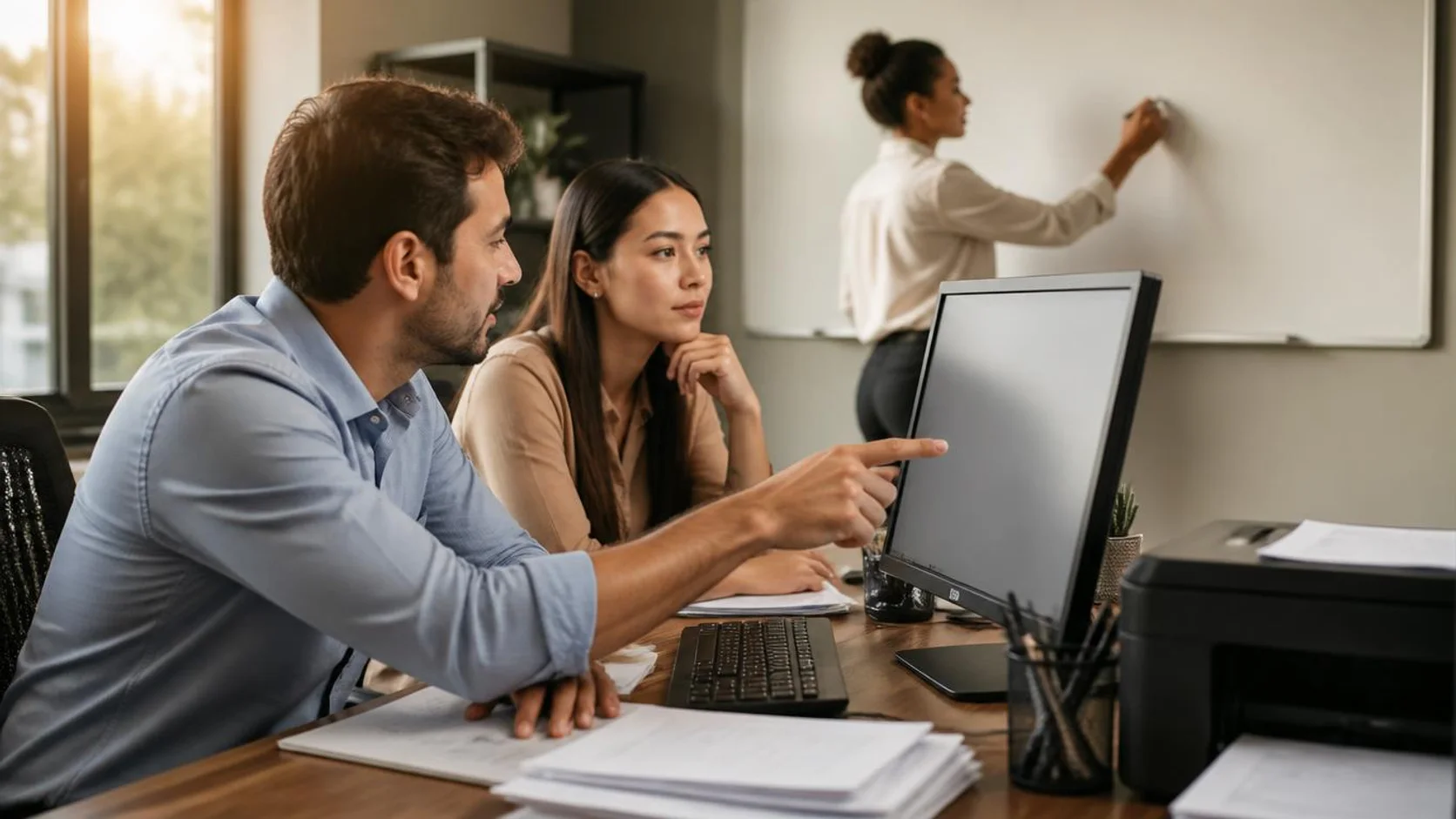 Equipe de uma pequena empresa revisa planilhas de fluxo de caixa no computador enquanto uma pessoa anota o processo em um quadro branco.