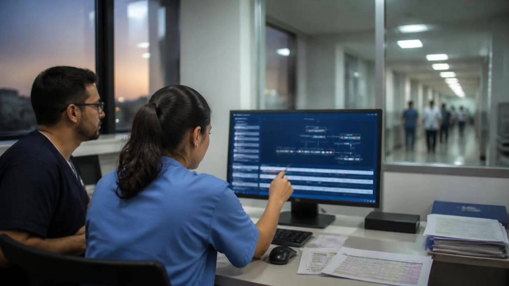 Analista de informações de saúde analisa painel de fluxo assistencial em escritório administrativo de hospital, com colega ao lado e corredor hospitalar ao fundo.